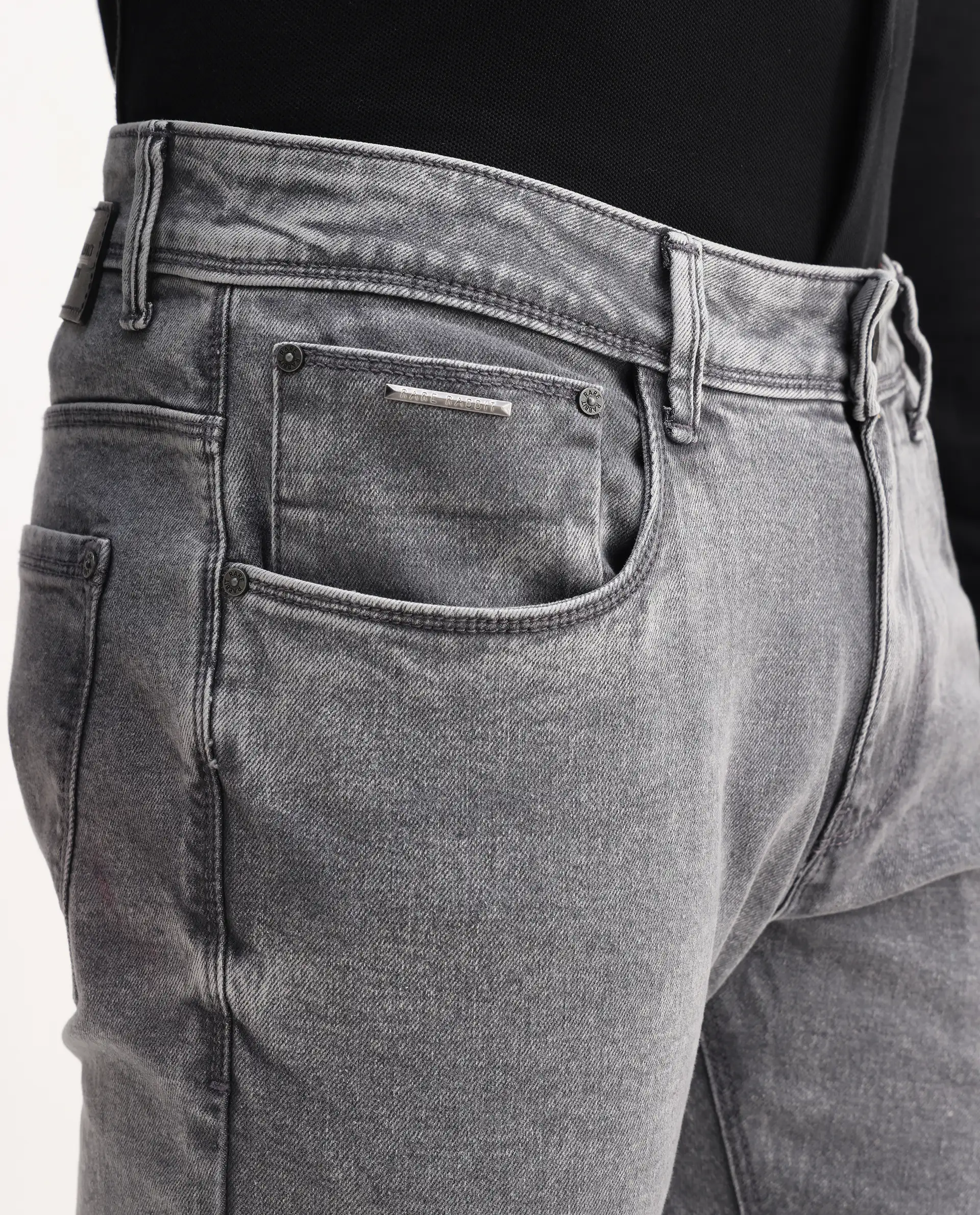 Rare Rabbit Men's Nater Light Grey Cotton Plain Hawk Slim Fit Jeans - Image 4