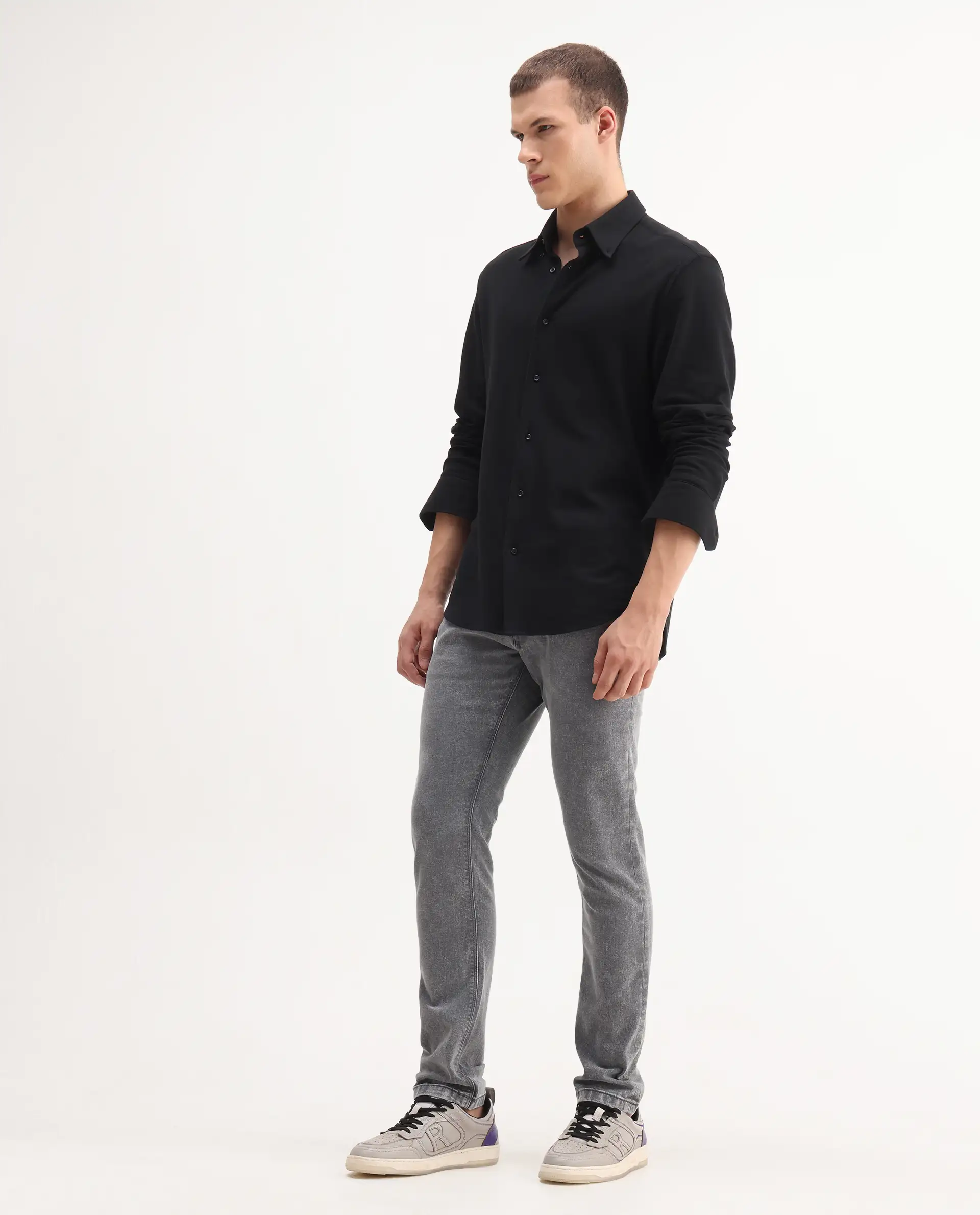 Rare Rabbit Men's Nater Light Grey Cotton Plain Hawk Slim Fit Jeans - Image 7