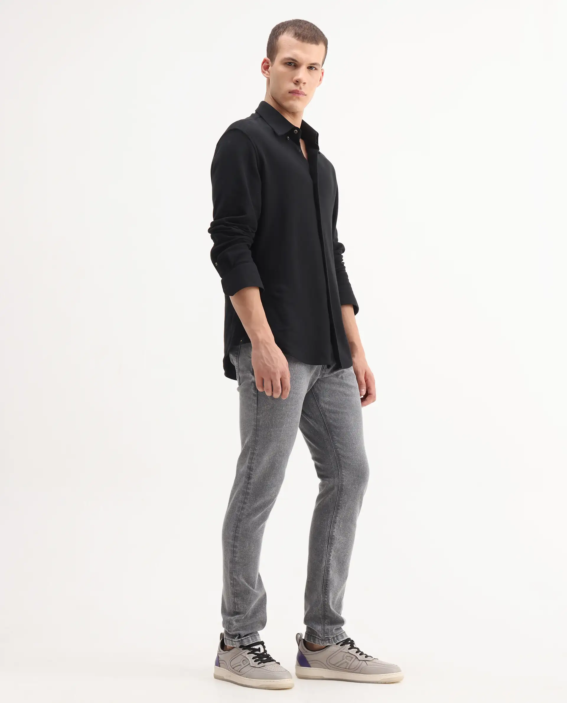 Rare Rabbit Men's Nater Light Grey Cotton Plain Hawk Slim Fit Jeans - Image 8