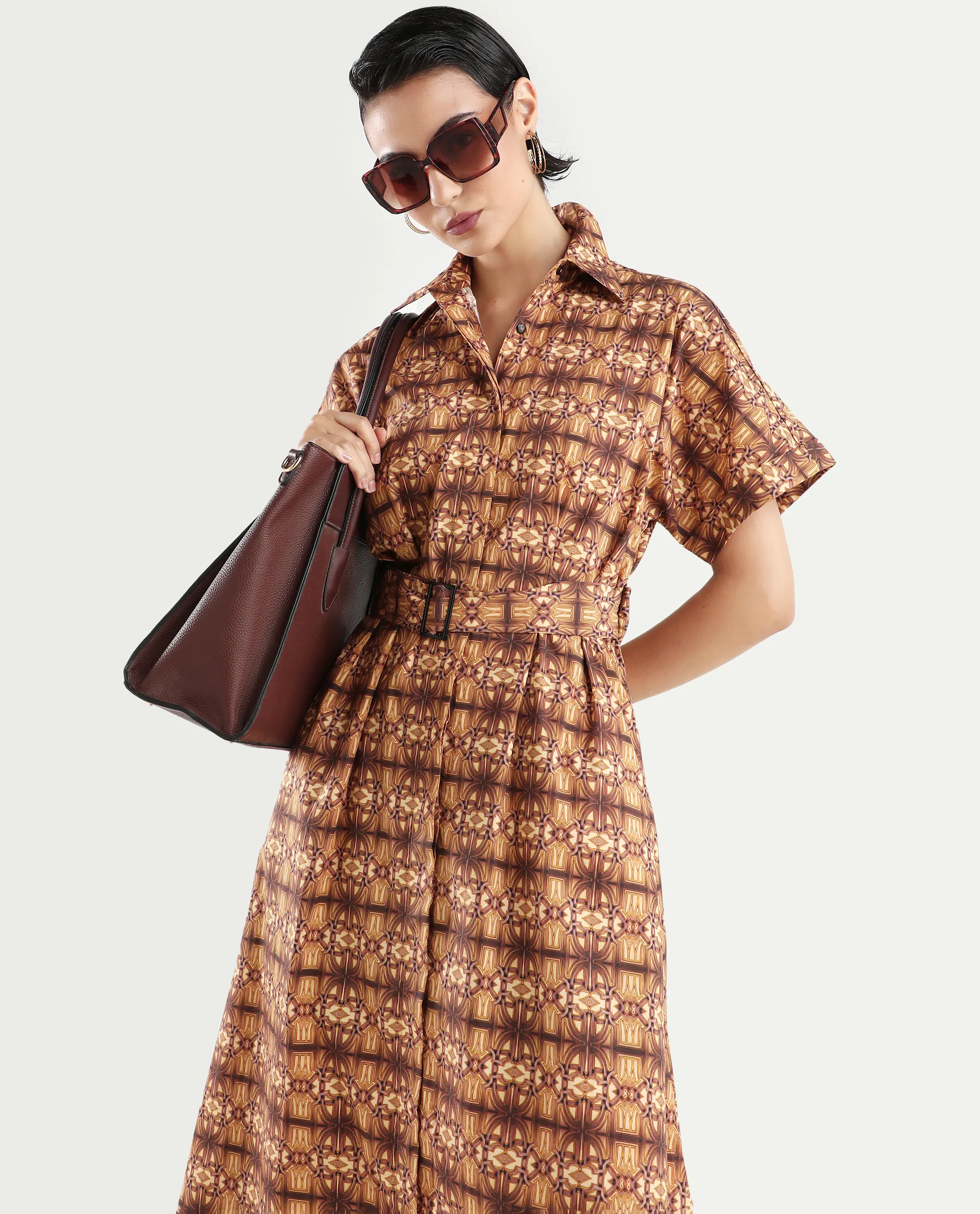 Rareism Women's Native Brown Cotton Blend Drop Collar Geometric Print Midi Fit And Flare Dress - Image 2