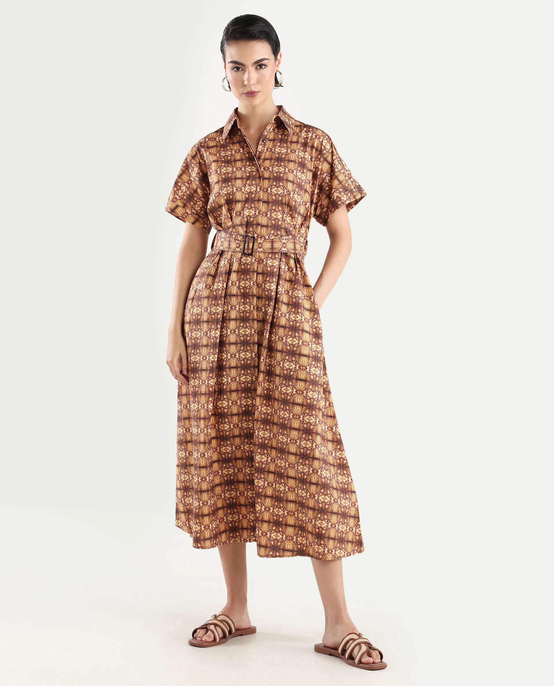 Rareism Women's Native Brown Cotton Blend Drop Collar Geometric Print Midi Fit And Flare Dress - Image 3