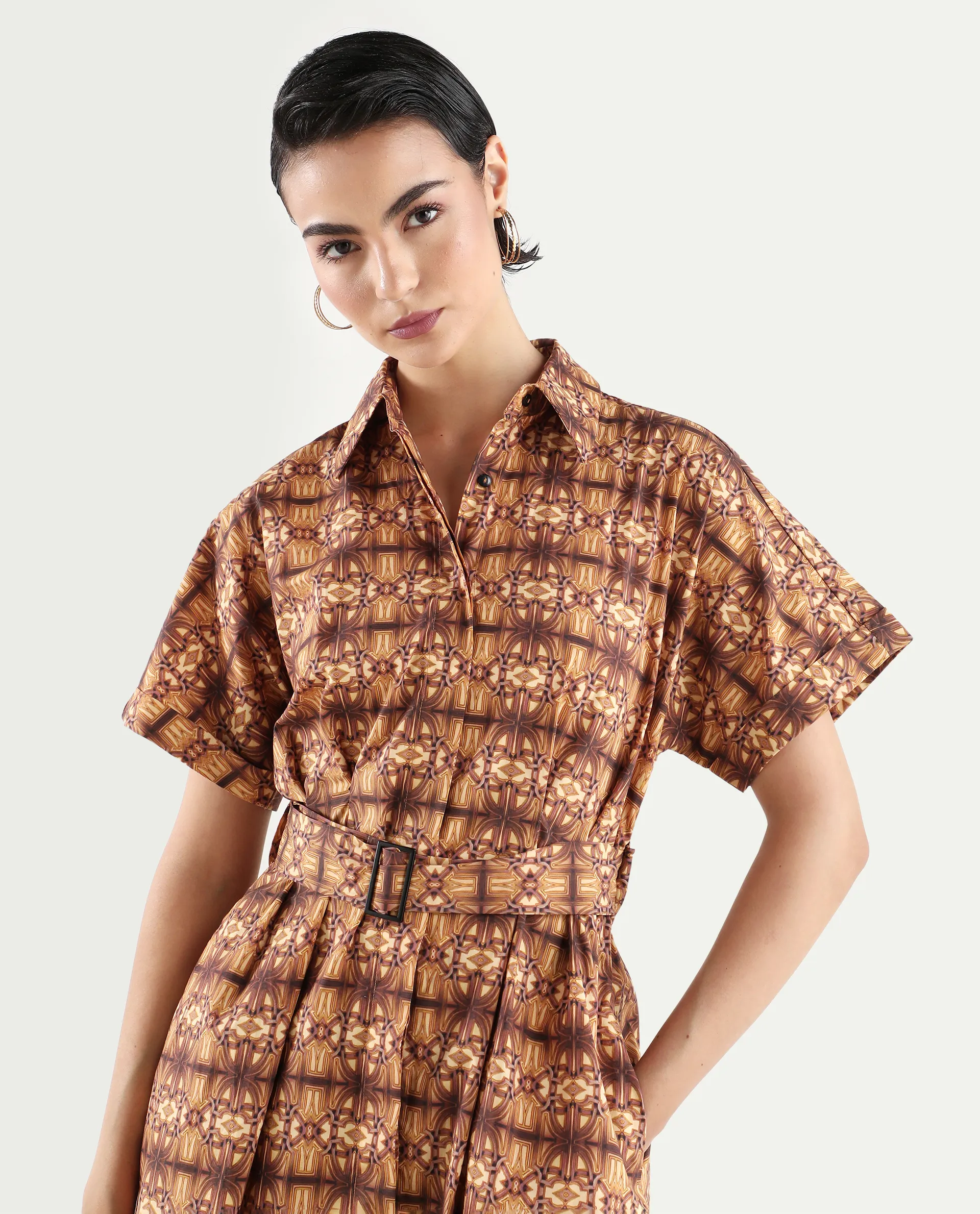 Rareism Women's Native Brown Cotton Blend Drop Collar Geometric Print Midi Fit And Flare Dress - Image 4