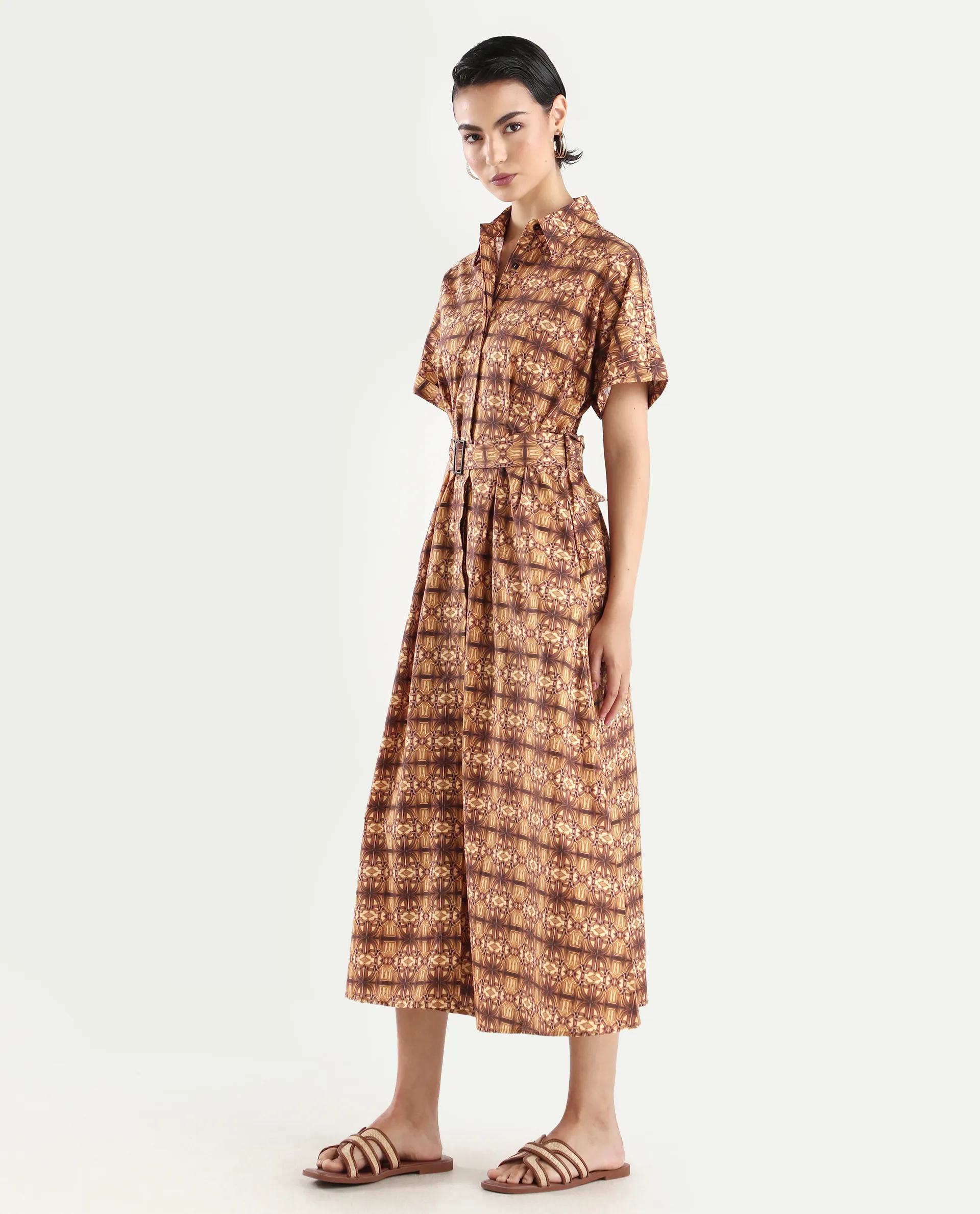 Rareism Women's Native Brown Cotton Blend Drop Collar Geometric Print Midi Fit And Flare Dress - Image 5