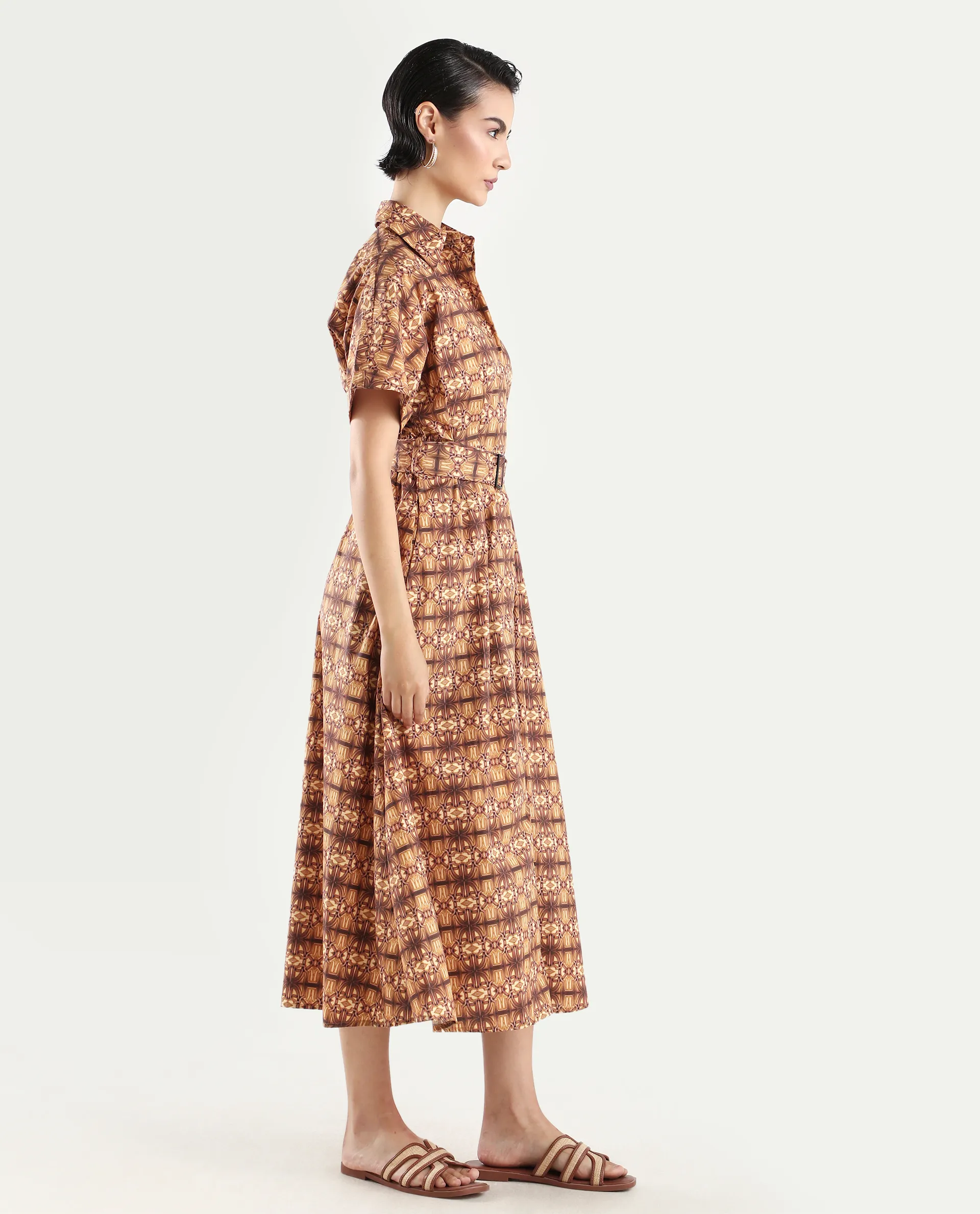 Rareism Women's Native Brown Cotton Blend Drop Collar Geometric Print Midi Fit And Flare Dress - Image 6