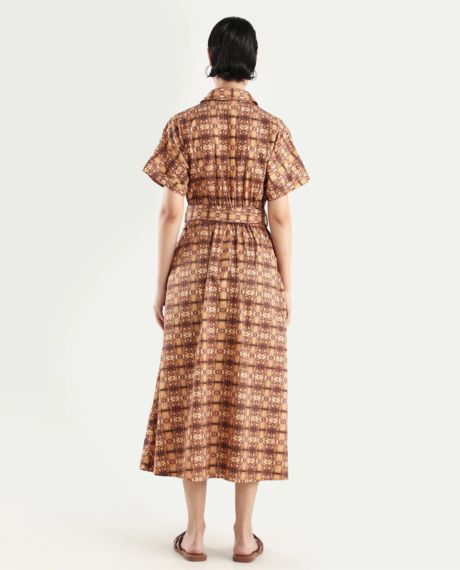 Rareism Women's Native Brown Cotton Blend Drop Collar Geometric Print Midi Fit And Flare Dress - Image 7