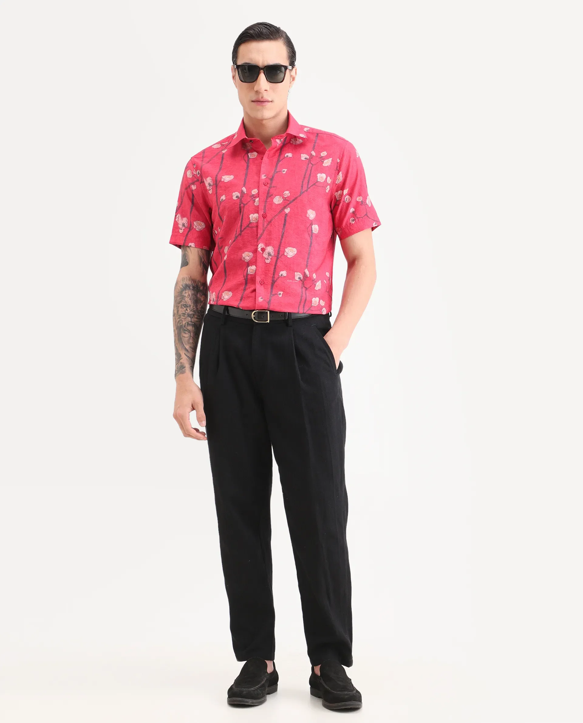 Rare Rabbit Men's Naton Light Red Viscose Blend Fabric Half Sleeve Spread Collar Regular Fit Floral Print Shirt - Image 2