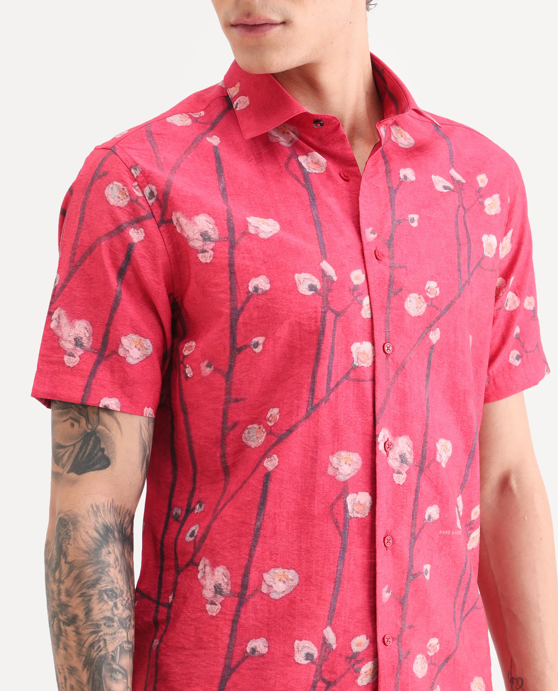 Rare Rabbit Men's Naton Light Red Viscose Blend Fabric Half Sleeve Spread Collar Regular Fit Floral Print Shirt - Image 3