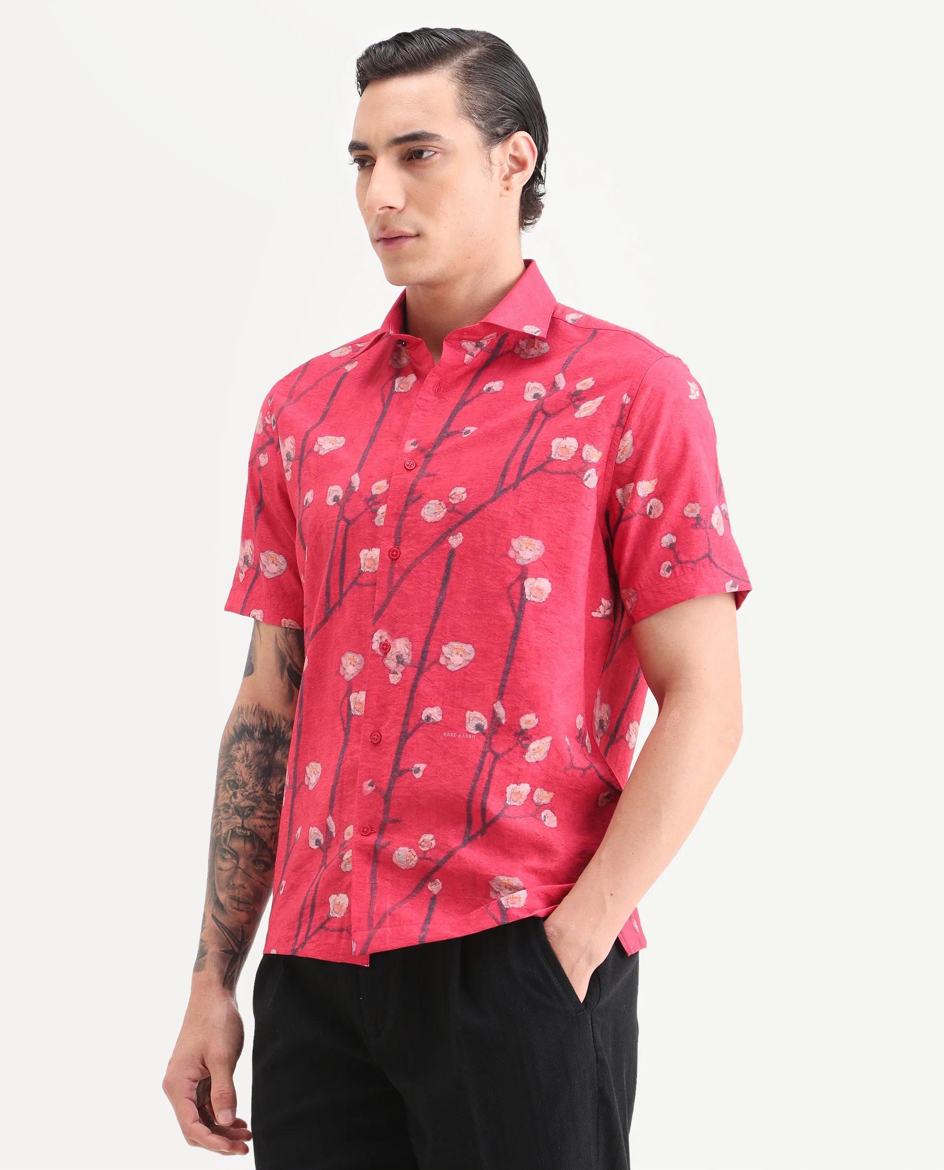 Rare Rabbit Men's Naton Light Red Viscose Blend Fabric Half Sleeve Spread Collar Regular Fit Floral Print Shirt - Image 4