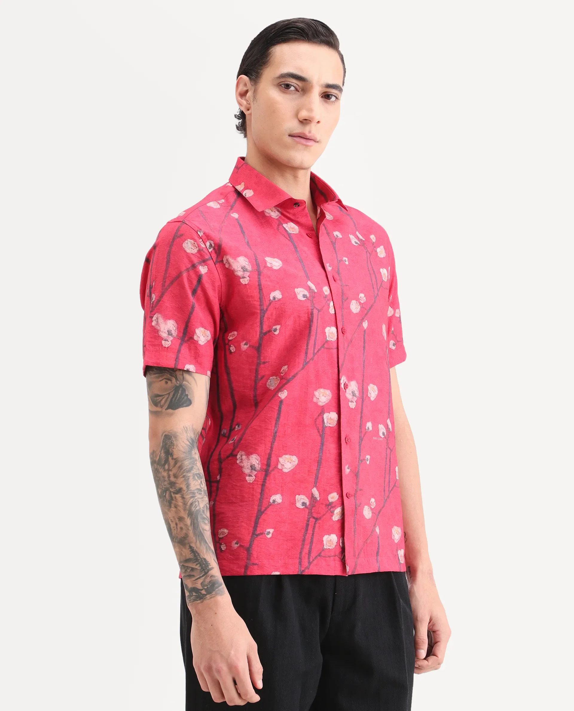 Rare Rabbit Men's Naton Light Red Viscose Blend Fabric Half Sleeve Spread Collar Regular Fit Floral Print Shirt - Image 5