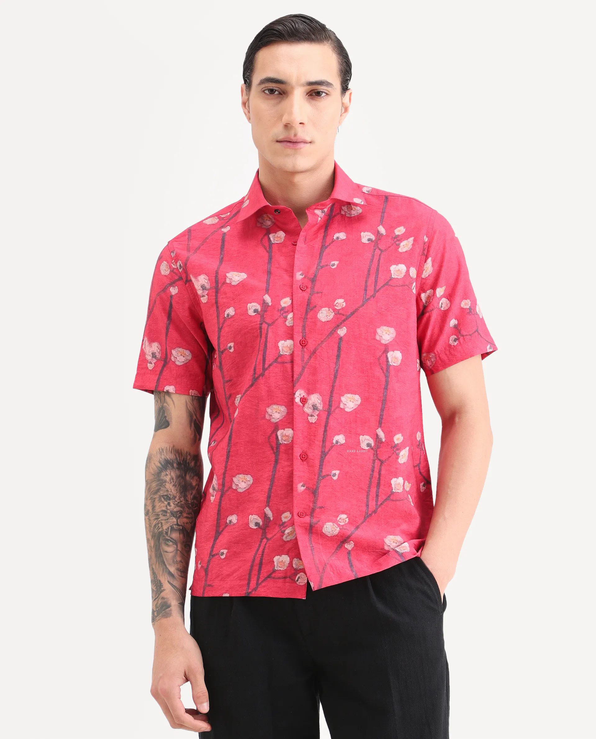 Rare Rabbit Men's Naton Light Red Viscose Blend Fabric Half Sleeve Spread Collar Regular Fit Floral Print Shirt - Image 6