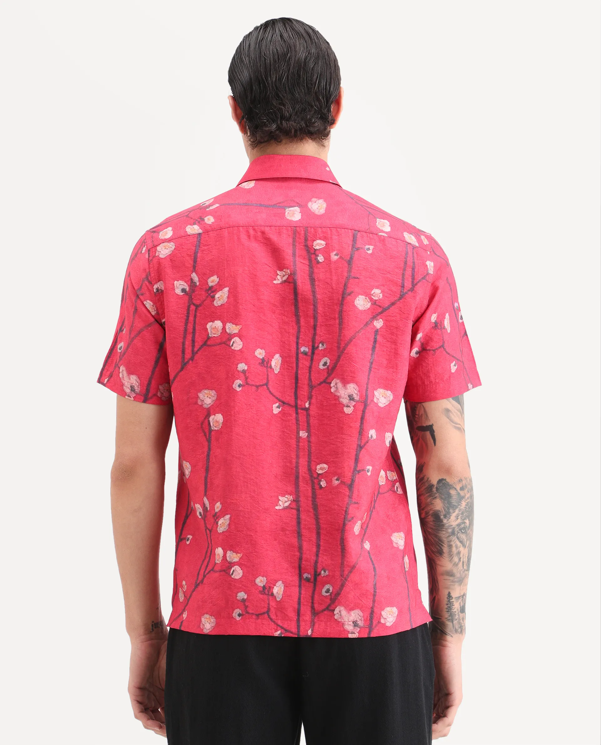 Rare Rabbit Men's Naton Light Red Viscose Blend Fabric Half Sleeve Spread Collar Regular Fit Floral Print Shirt - Image 7