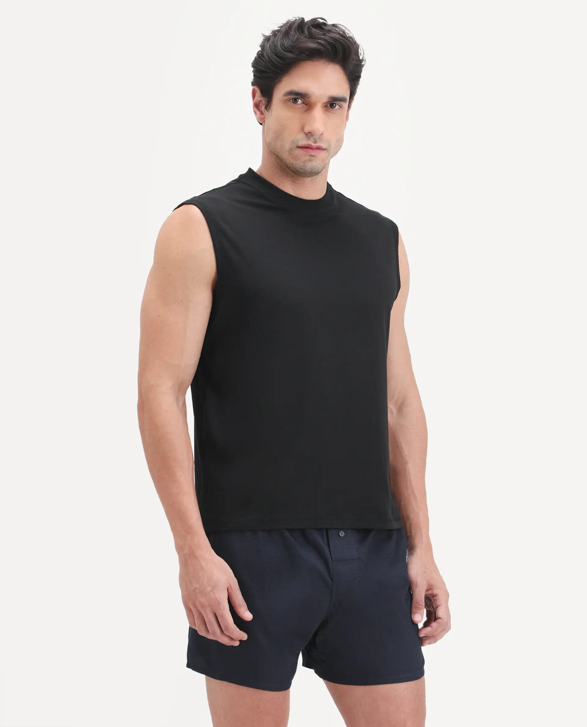 Rare Rabbit Men's Nats Black Cotton Lycra Fabric Regular Fit Plain Stretchable Sleeveless Vest - Image 2