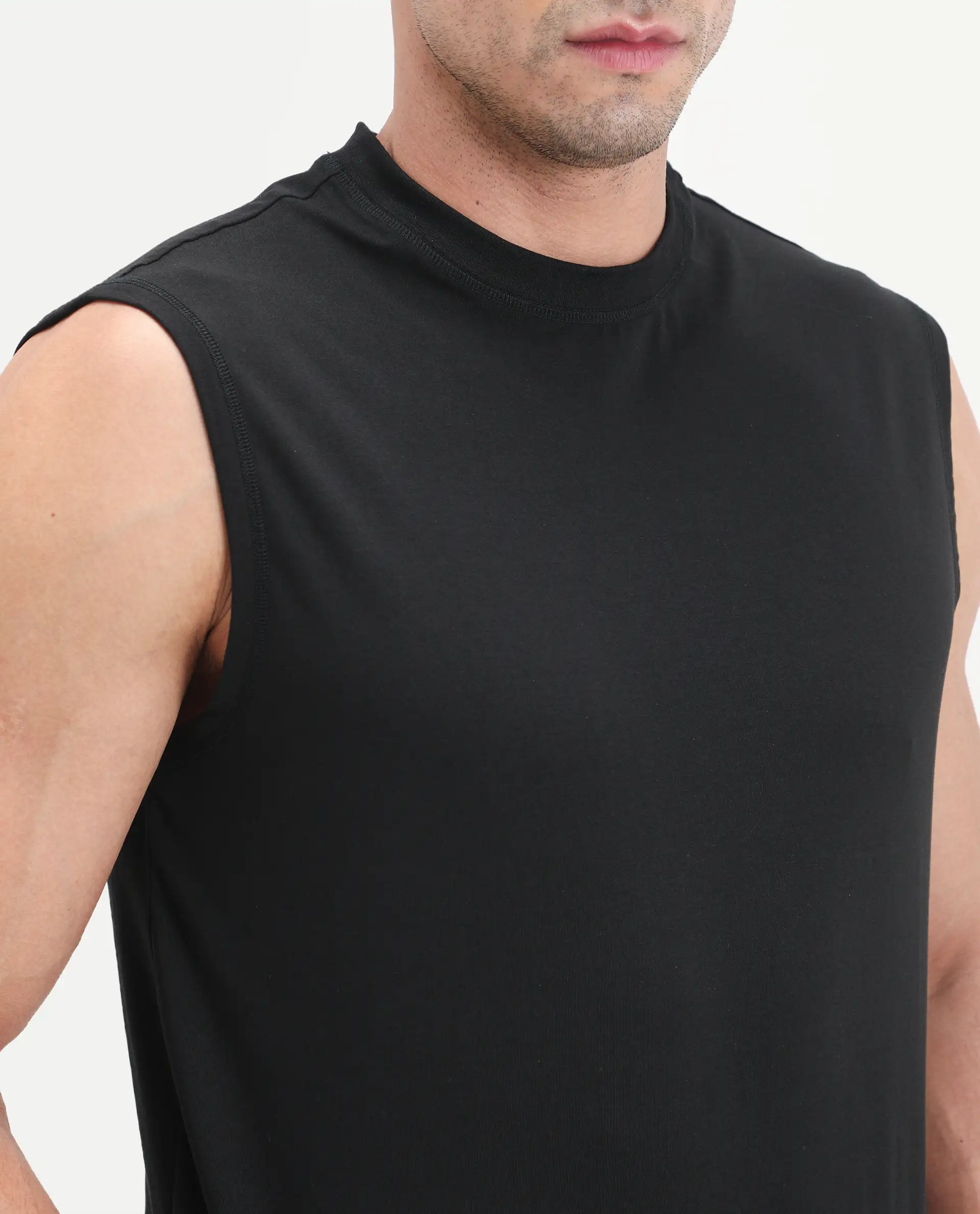 Rare Rabbit Men's Nats Black Cotton Lycra Fabric Regular Fit Plain Stretchable Sleeveless Vest - Image 3