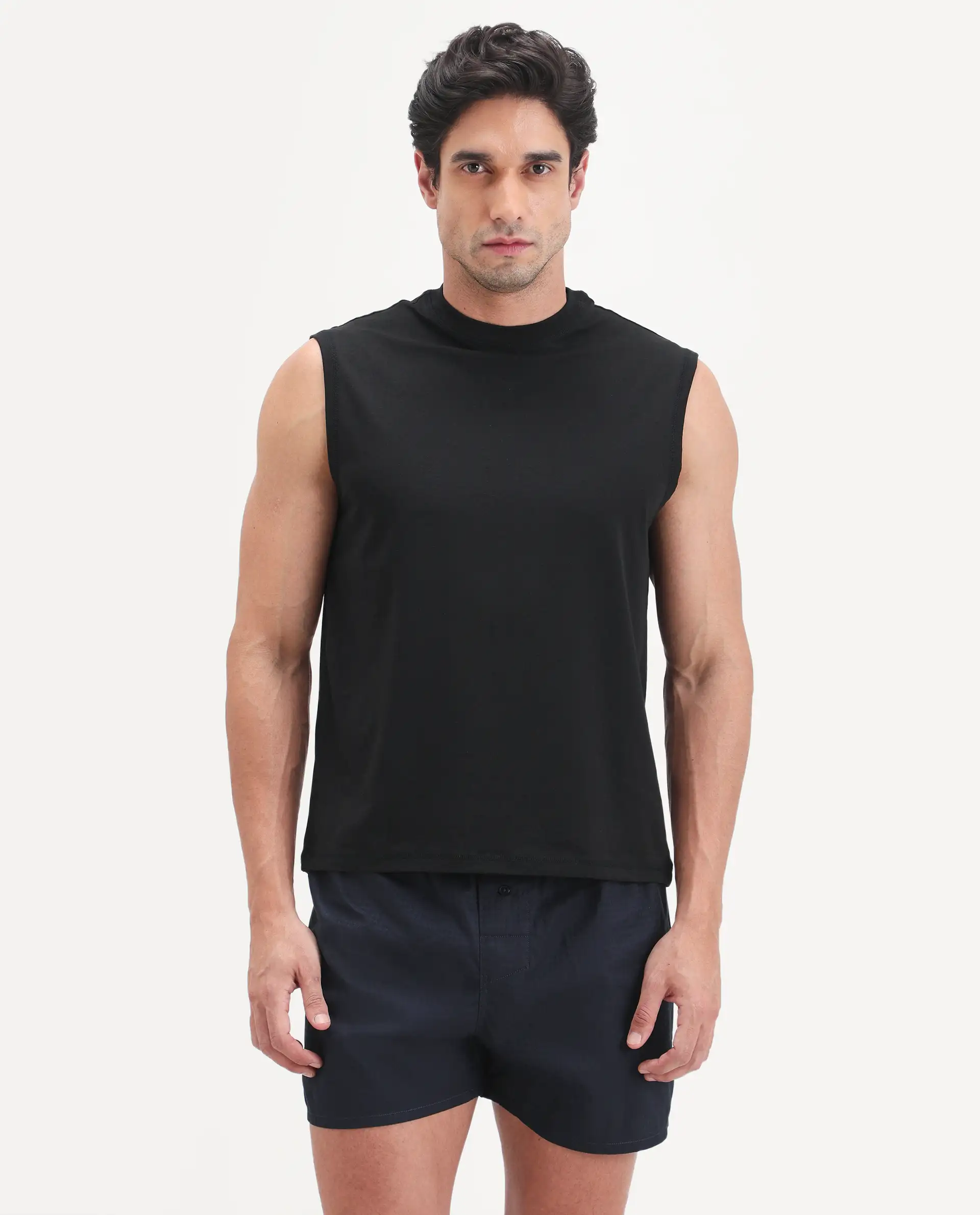 Rare Rabbit Men's Nats Black Cotton Lycra Fabric Regular Fit Plain Stretchable Sleeveless Vest - Image 5
