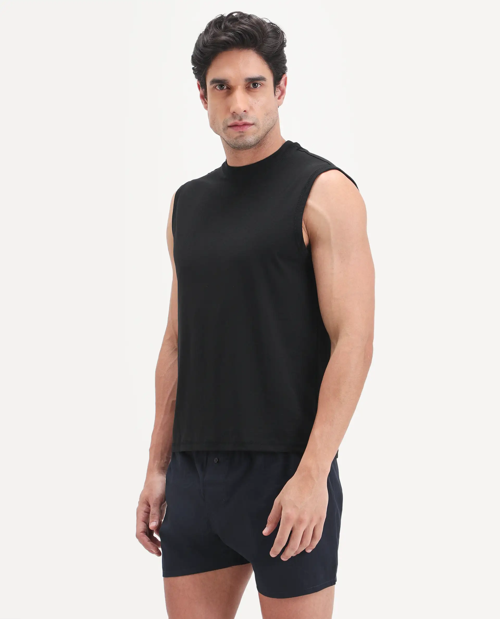 Rare Rabbit Men's Nats Black Cotton Lycra Fabric Regular Fit Plain Stretchable Sleeveless Vest - Image 6