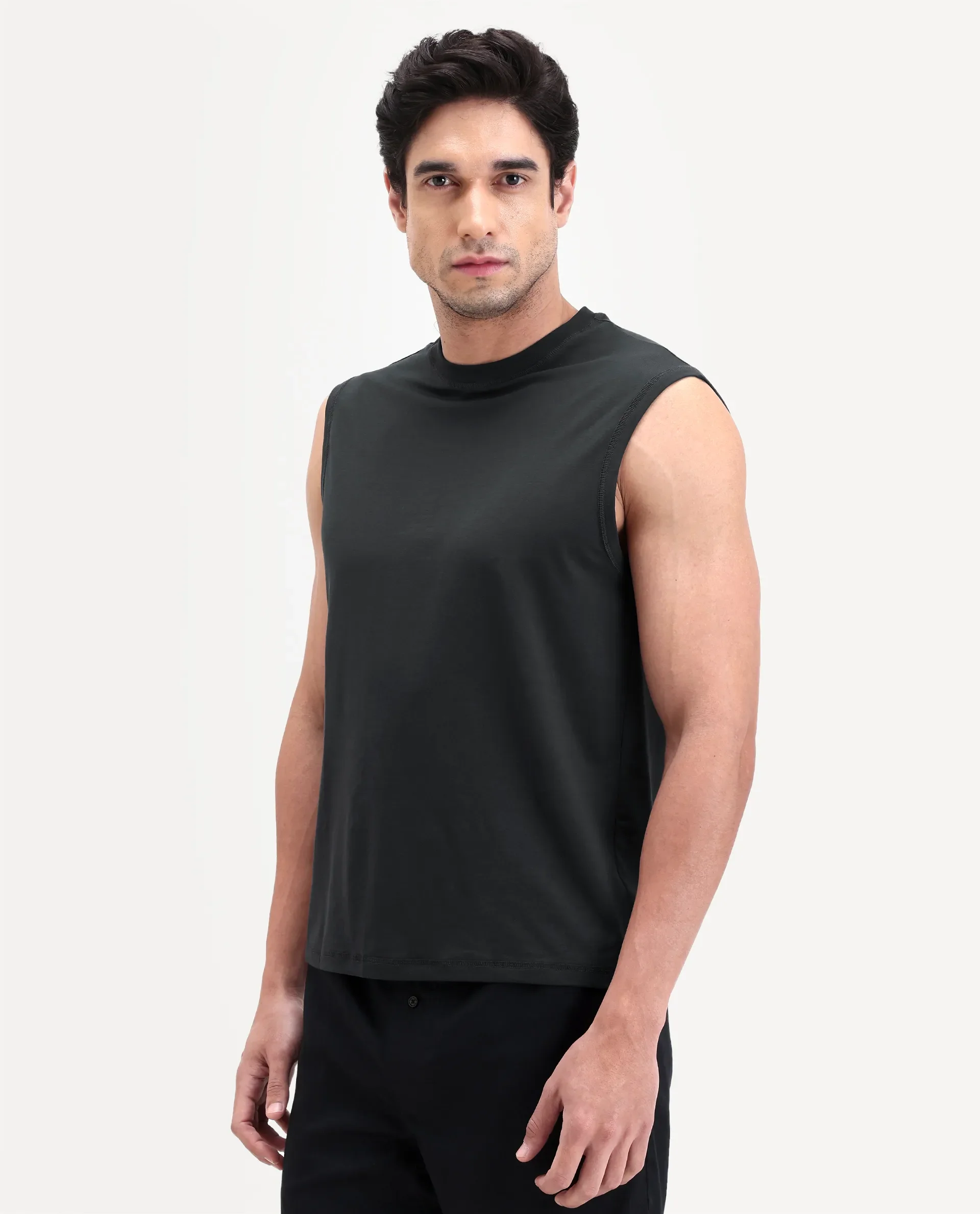 Rare Rabbit Men's Nats Dark Grey Cotton Lycra Fabric Regular Fit Plain Stretchable Sleeveless Vest - Image 2