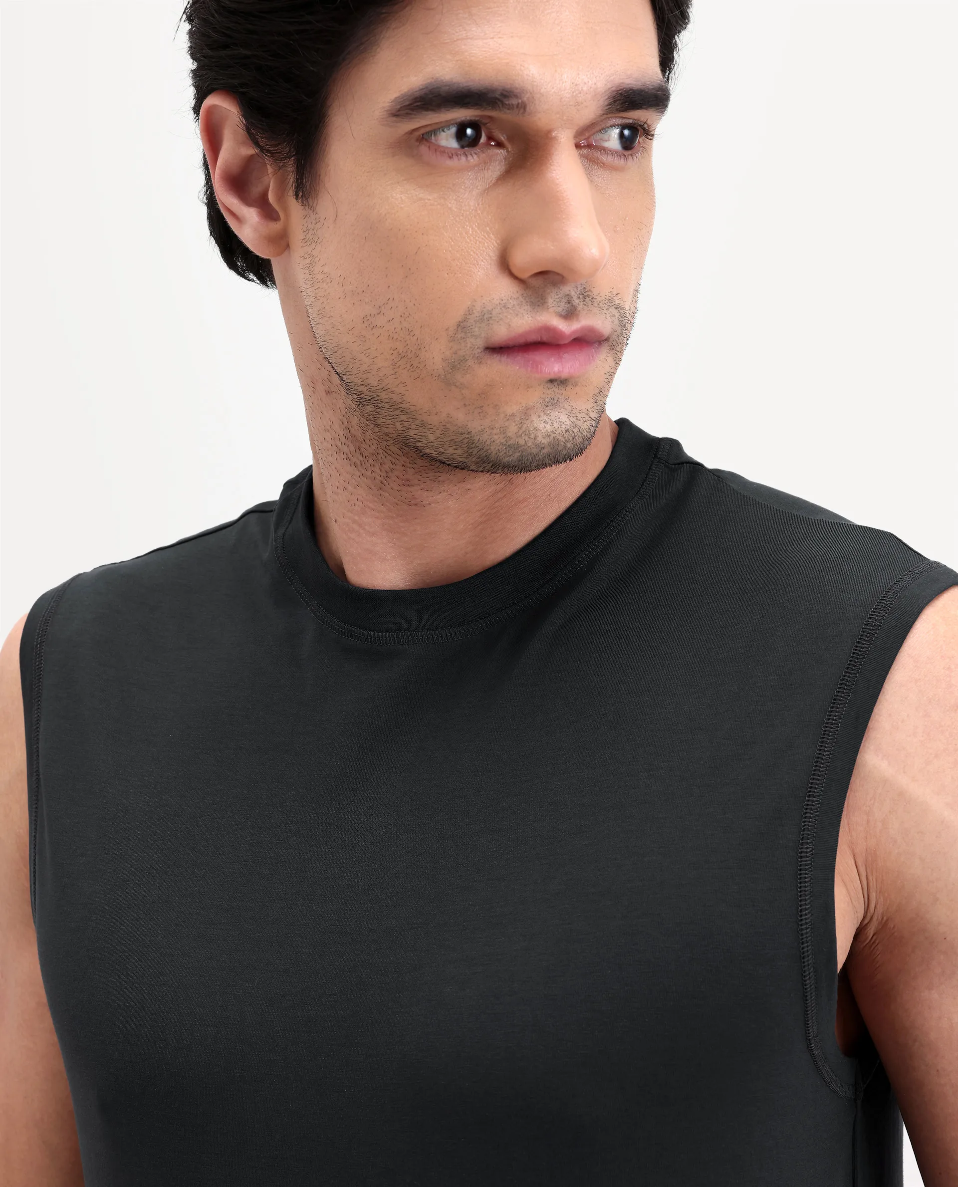 Rare Rabbit Men's Nats Dark Grey Cotton Lycra Fabric Regular Fit Plain Stretchable Sleeveless Vest - Image 4