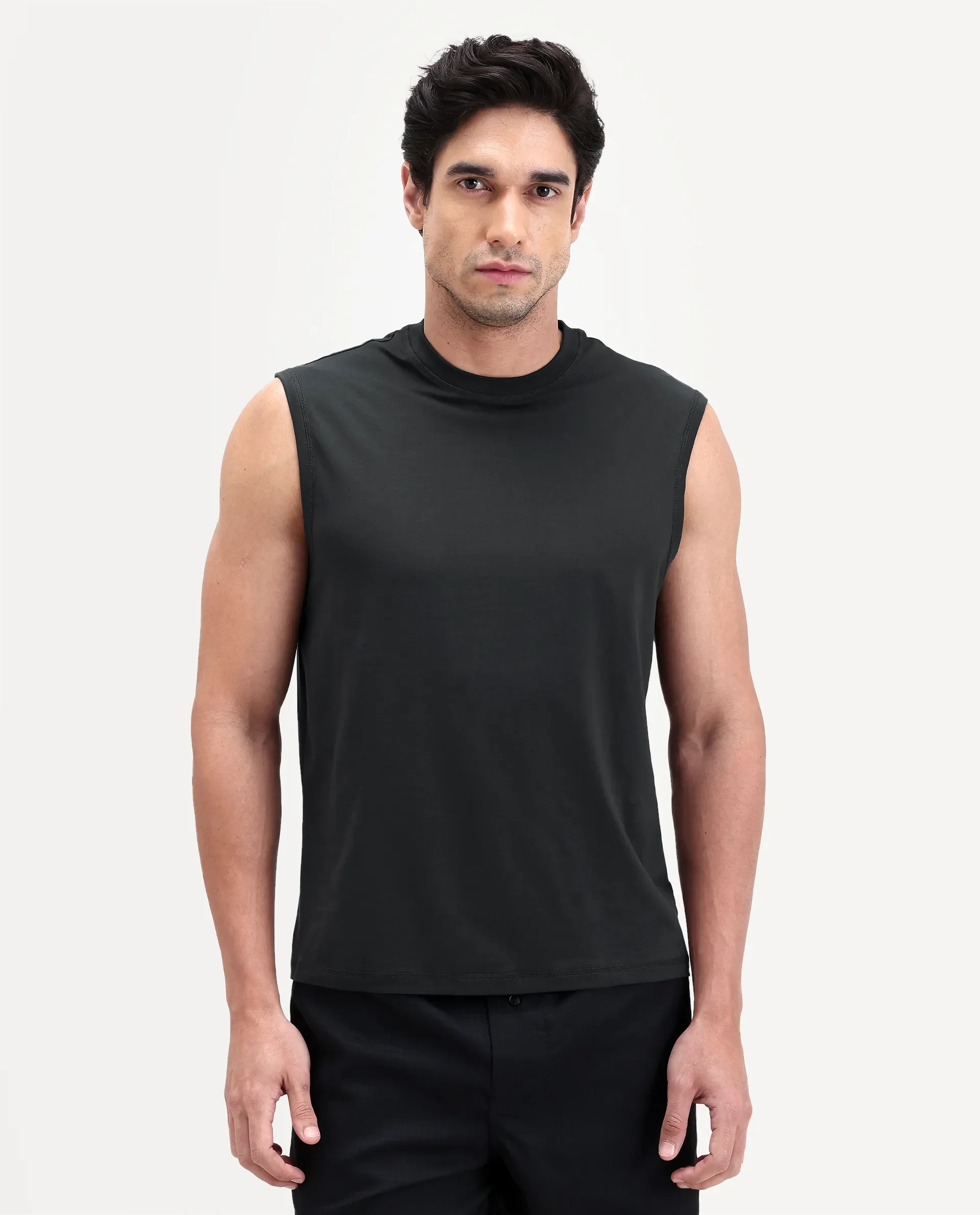 Rare Rabbit Men's Nats Dark Grey Cotton Lycra Fabric Regular Fit Plain Stretchable Sleeveless Vest - Image 5