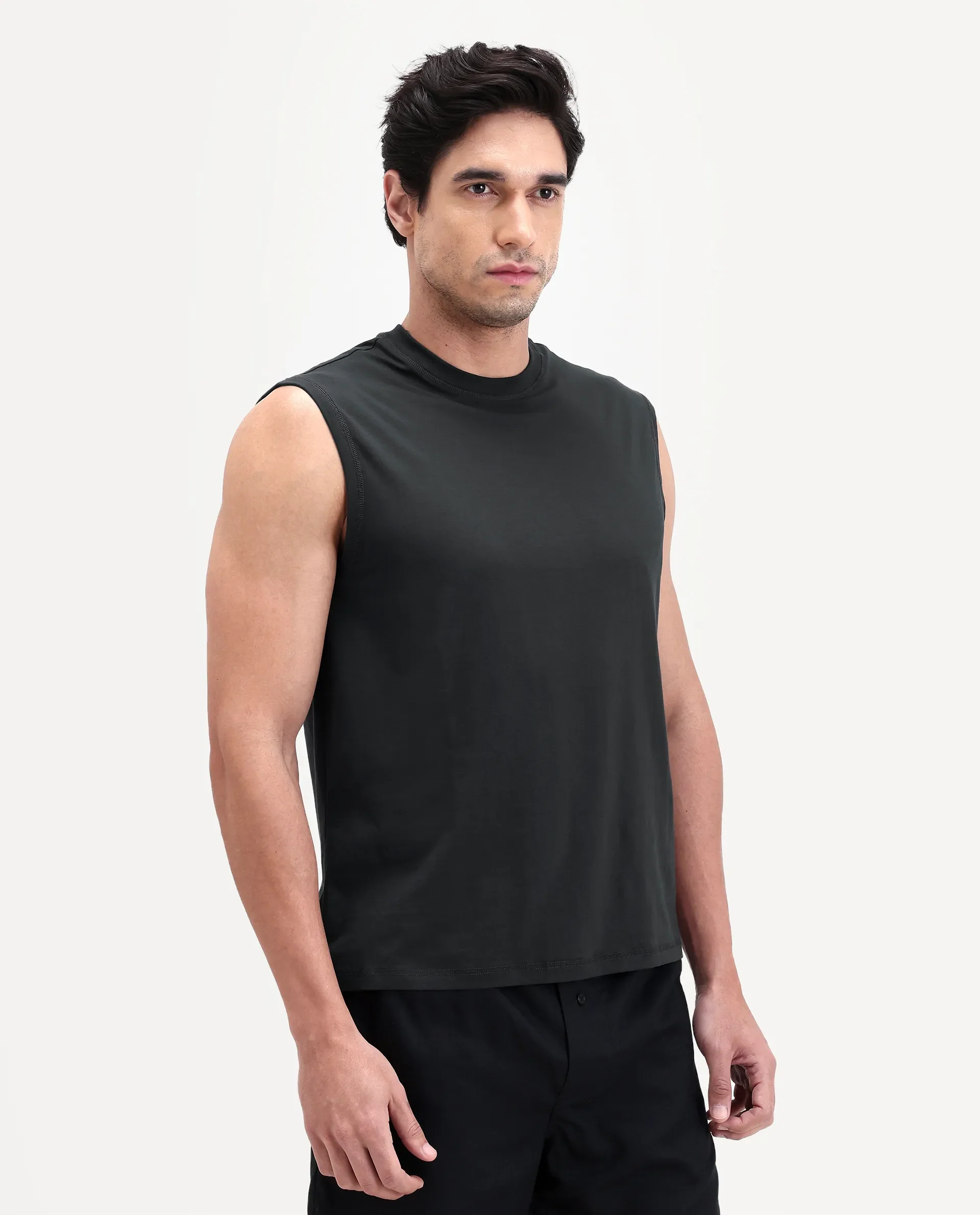 Rare Rabbit Men's Nats Dark Grey Cotton Lycra Fabric Regular Fit Plain Stretchable Sleeveless Vest - Image 6