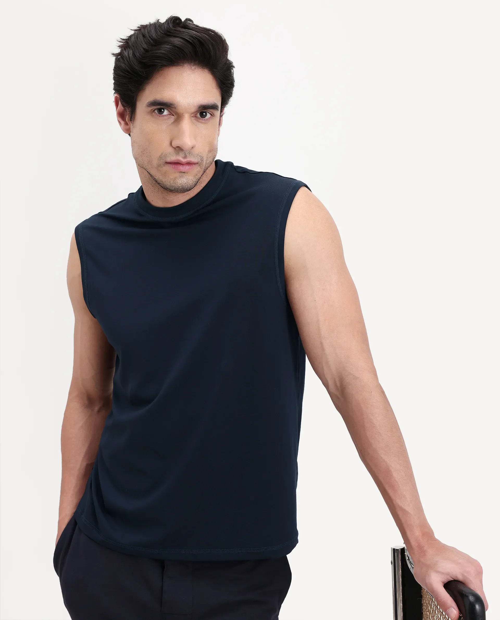 Rare Rabbit Men's Nats Navy Cotton lycra Fabric Regular Fit Plain Stretchable Sleeveless Vest