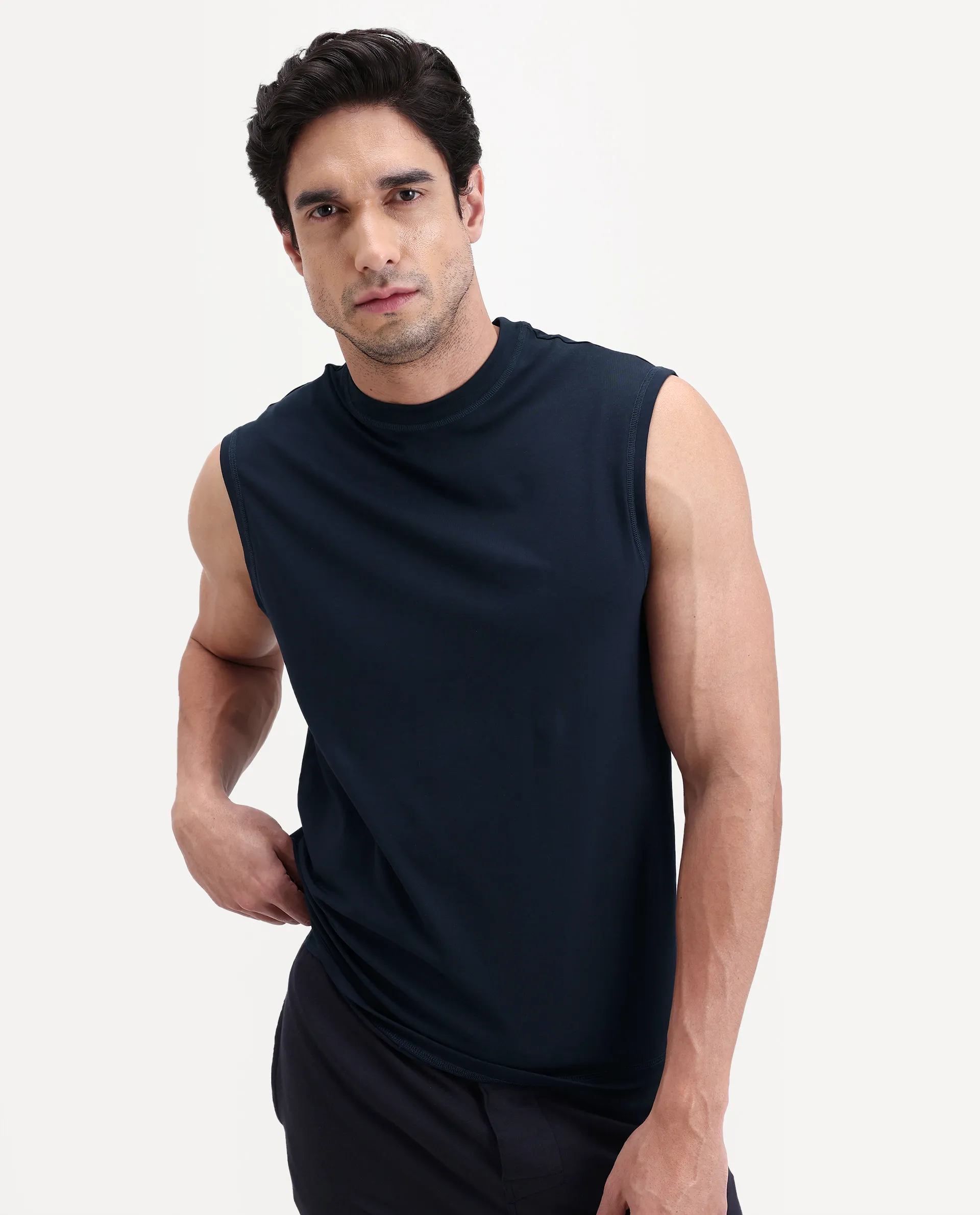 Rare Rabbit Men's Nats Navy Cotton lycra Fabric Regular Fit Plain Stretchable Sleeveless Vest - Image 2