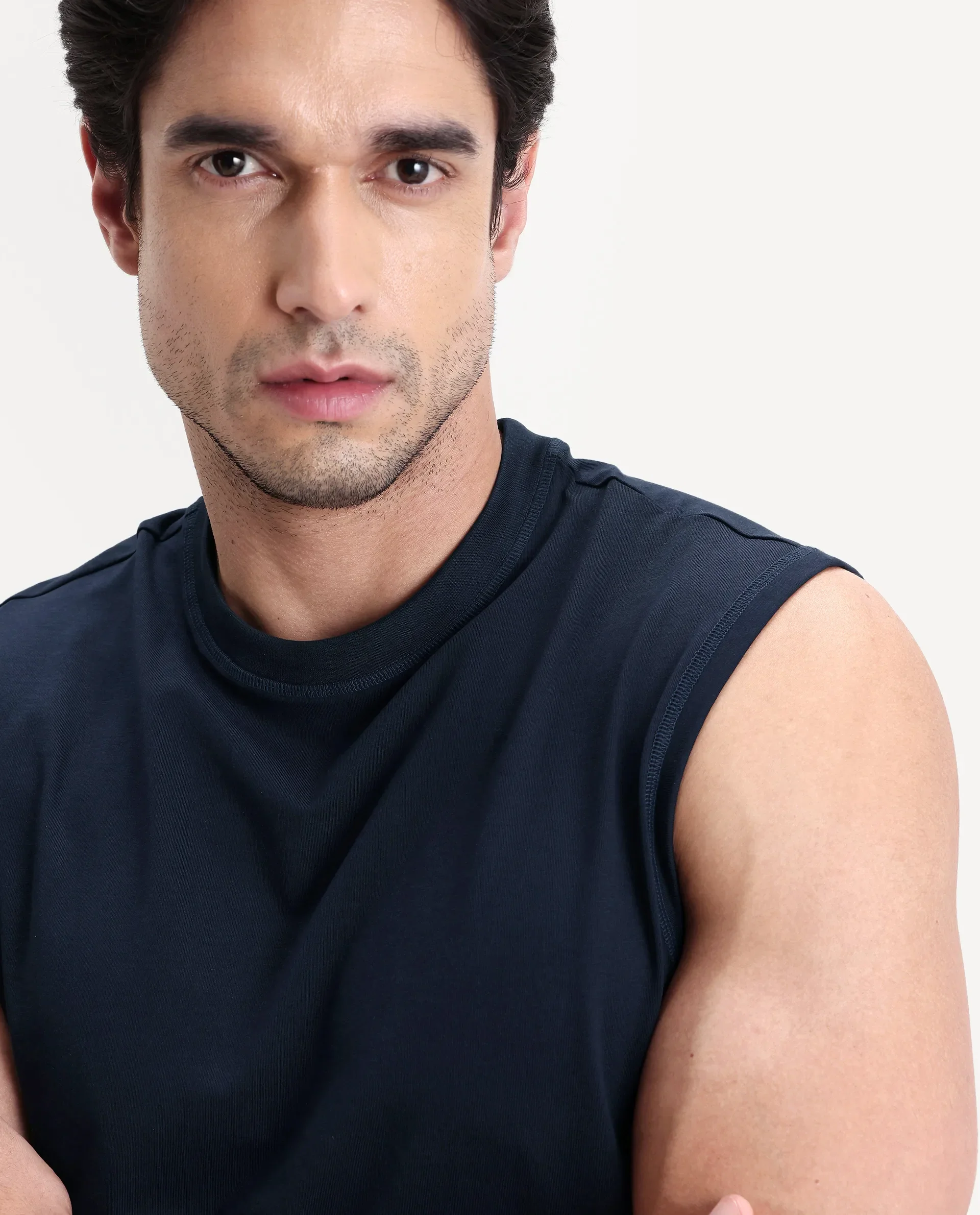 Rare Rabbit Men's Nats Navy Cotton lycra Fabric Regular Fit Plain Stretchable Sleeveless Vest - Image 4