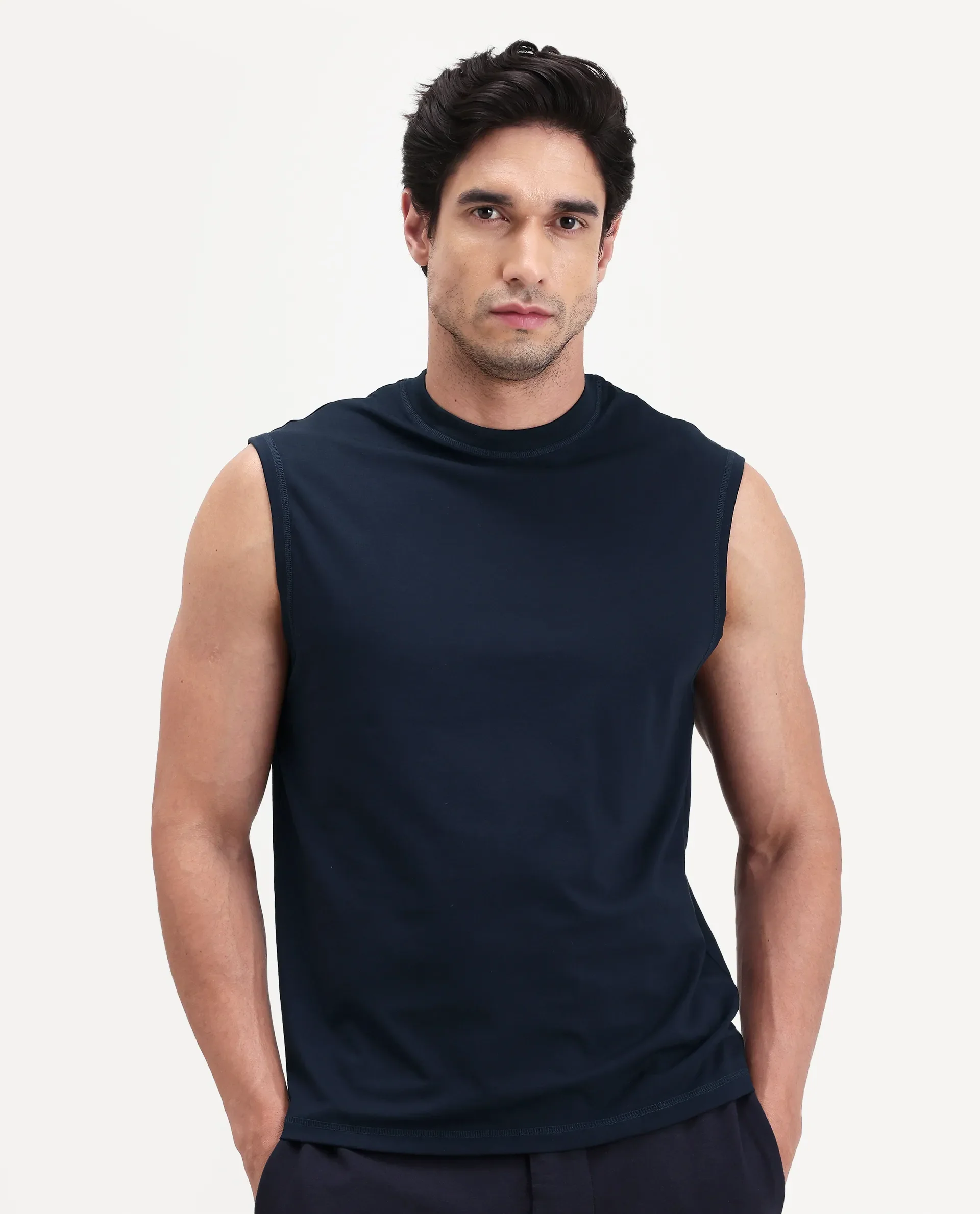 Rare Rabbit Men's Nats Navy Cotton lycra Fabric Regular Fit Plain Stretchable Sleeveless Vest - Image 5