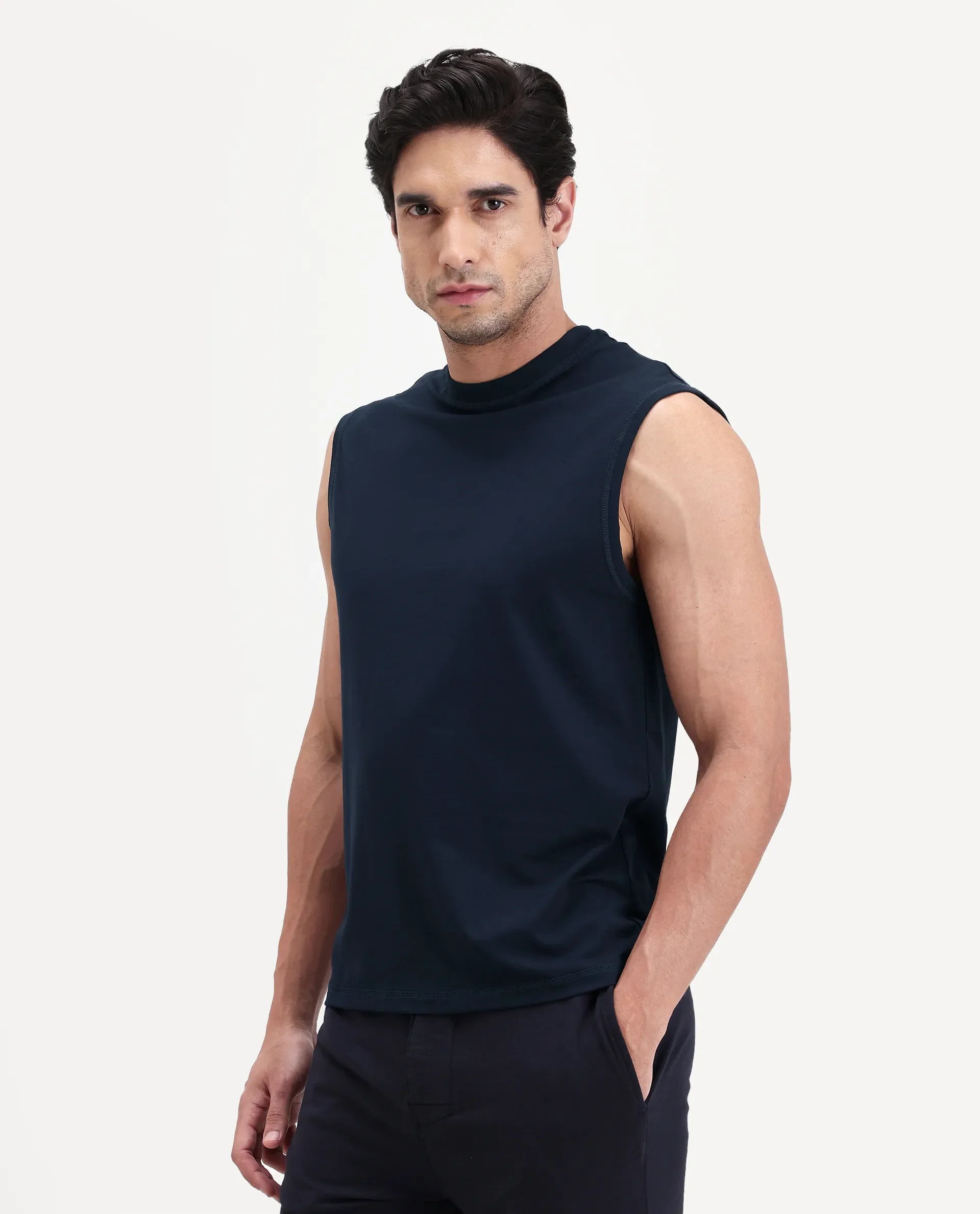 Rare Rabbit Men's Nats Navy Cotton lycra Fabric Regular Fit Plain Stretchable Sleeveless Vest - Image 6