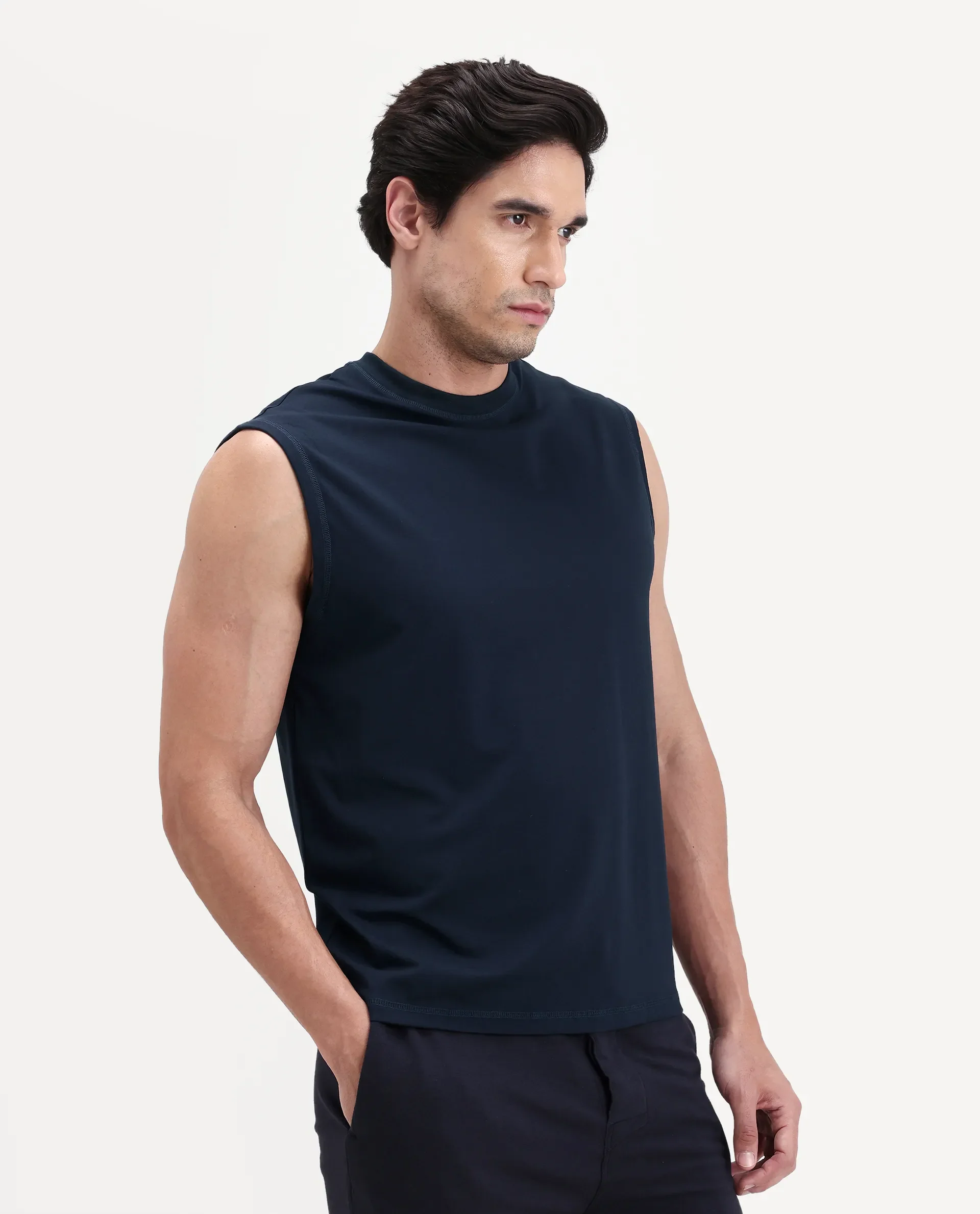 Rare Rabbit Men's Nats Navy Cotton lycra Fabric Regular Fit Plain Stretchable Sleeveless Vest - Image 7