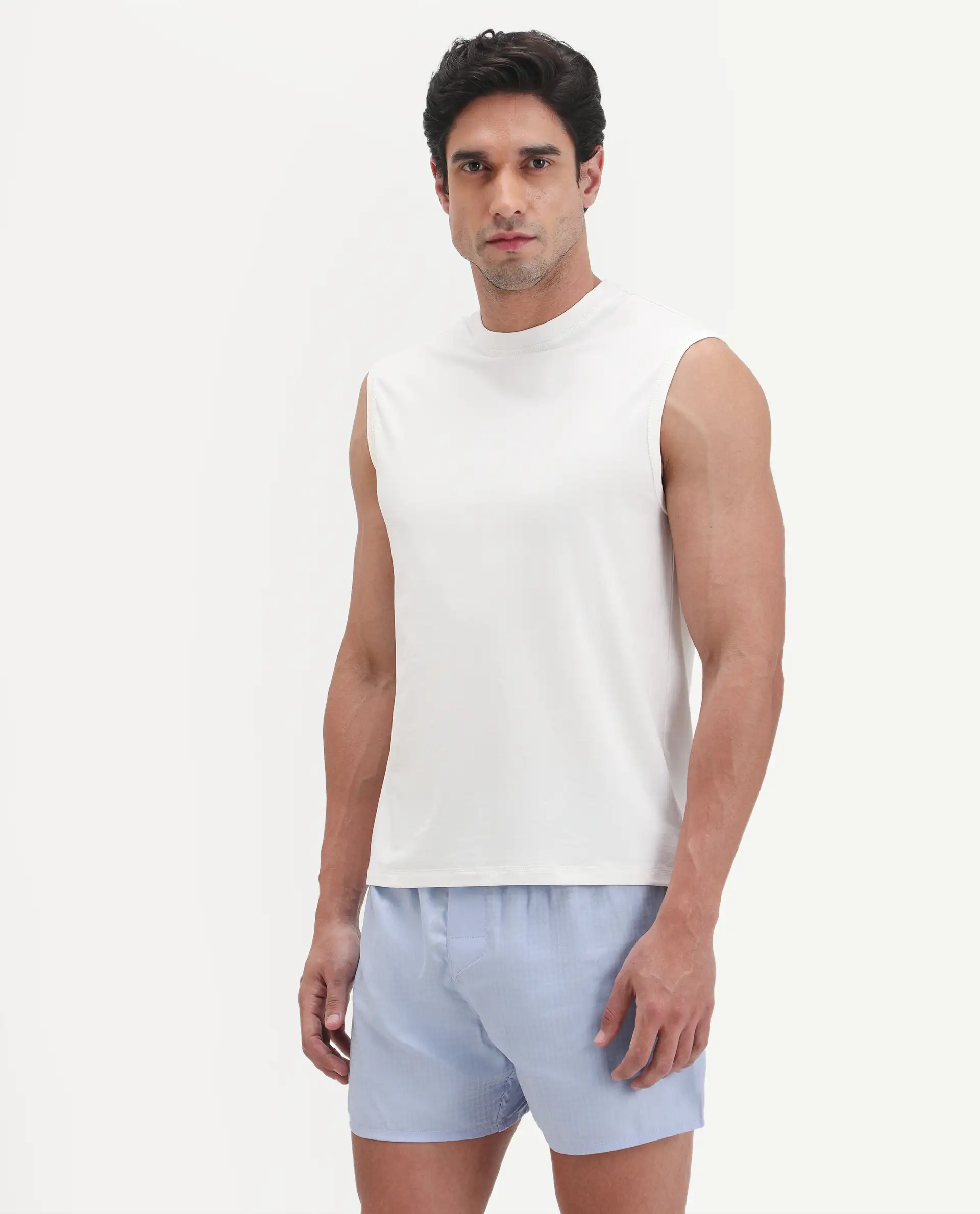 Rare Rabbit Men's Nats White Cotton Lycra Fabric Regular Fit Plain Stretchable Sleeveless Vest - Image 2