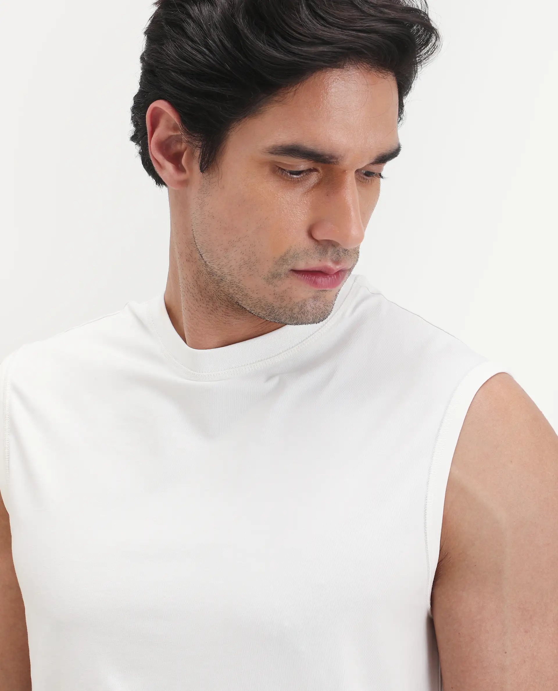 Rare Rabbit Men's Nats White Cotton Lycra Fabric Regular Fit Plain Stretchable Sleeveless Vest - Image 3