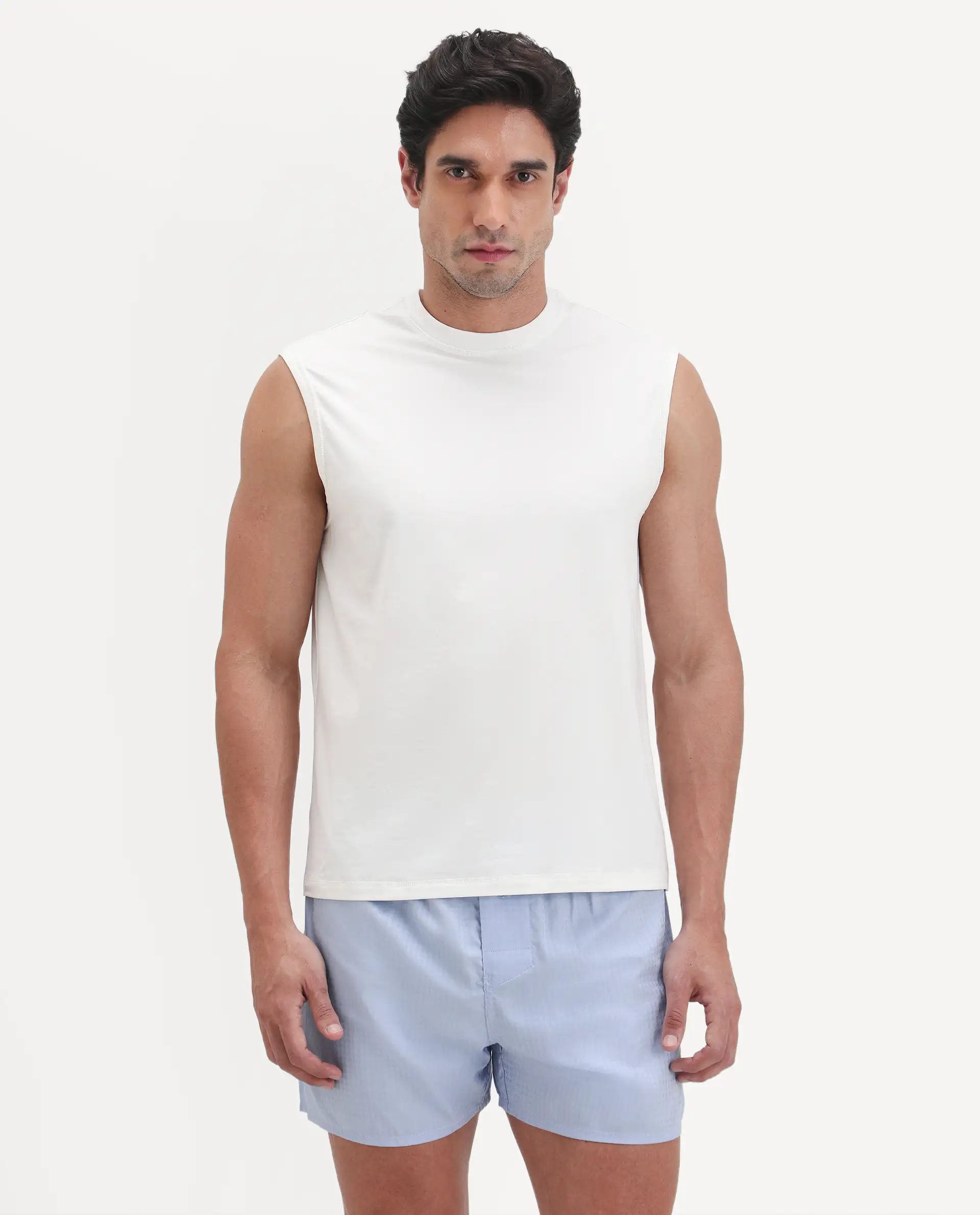 Rare Rabbit Men's Nats White Cotton Lycra Fabric Regular Fit Plain Stretchable Sleeveless Vest - Image 5