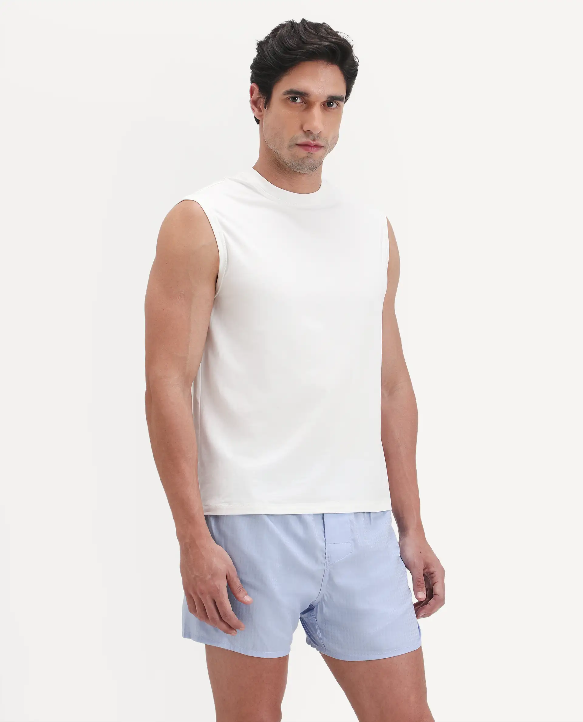 Rare Rabbit Men's Nats White Cotton Lycra Fabric Regular Fit Plain Stretchable Sleeveless Vest - Image 7