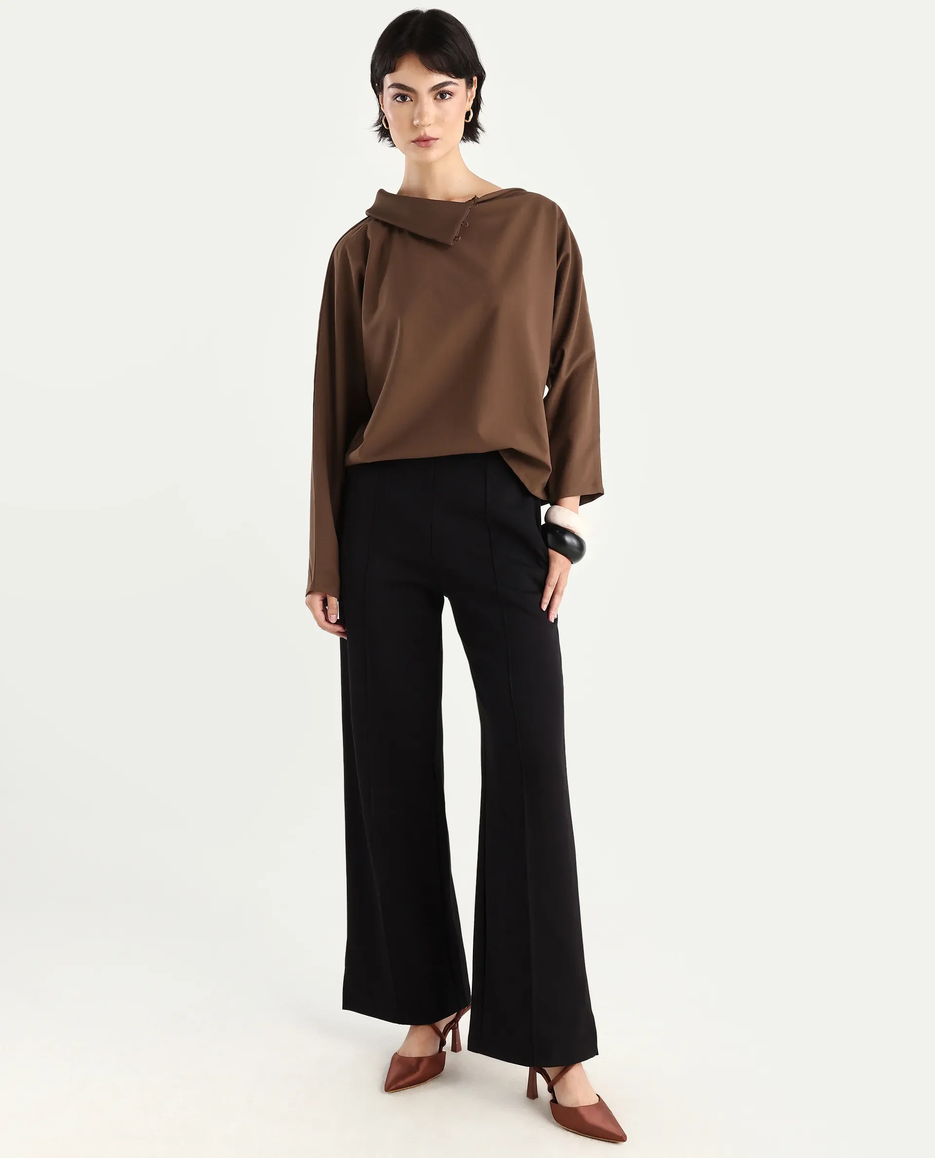 Rareism Women's Natta Brown Cotton High Neck Plain Regular Fit Top - Image 2