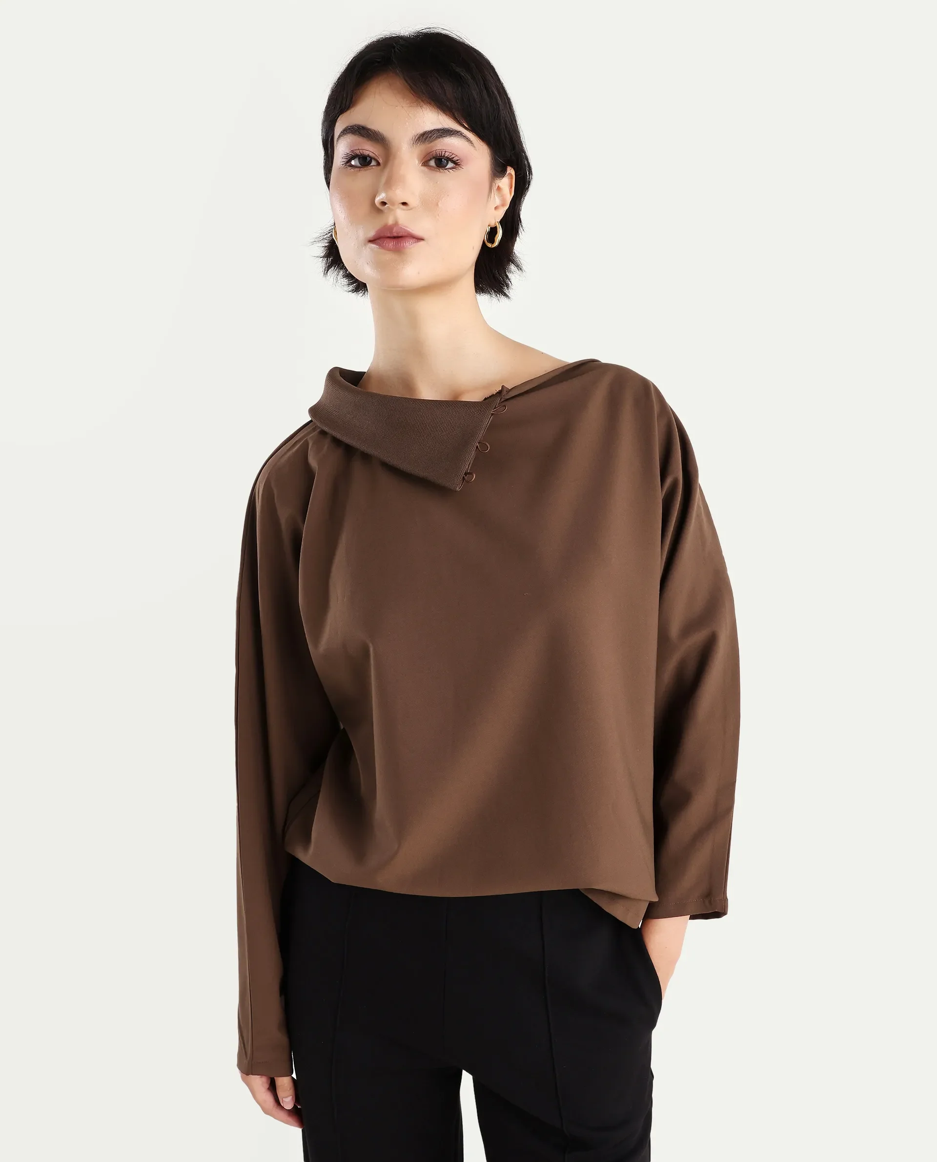 Rareism Women's Natta Brown Cotton High Neck Plain Regular Fit Top - Image 3