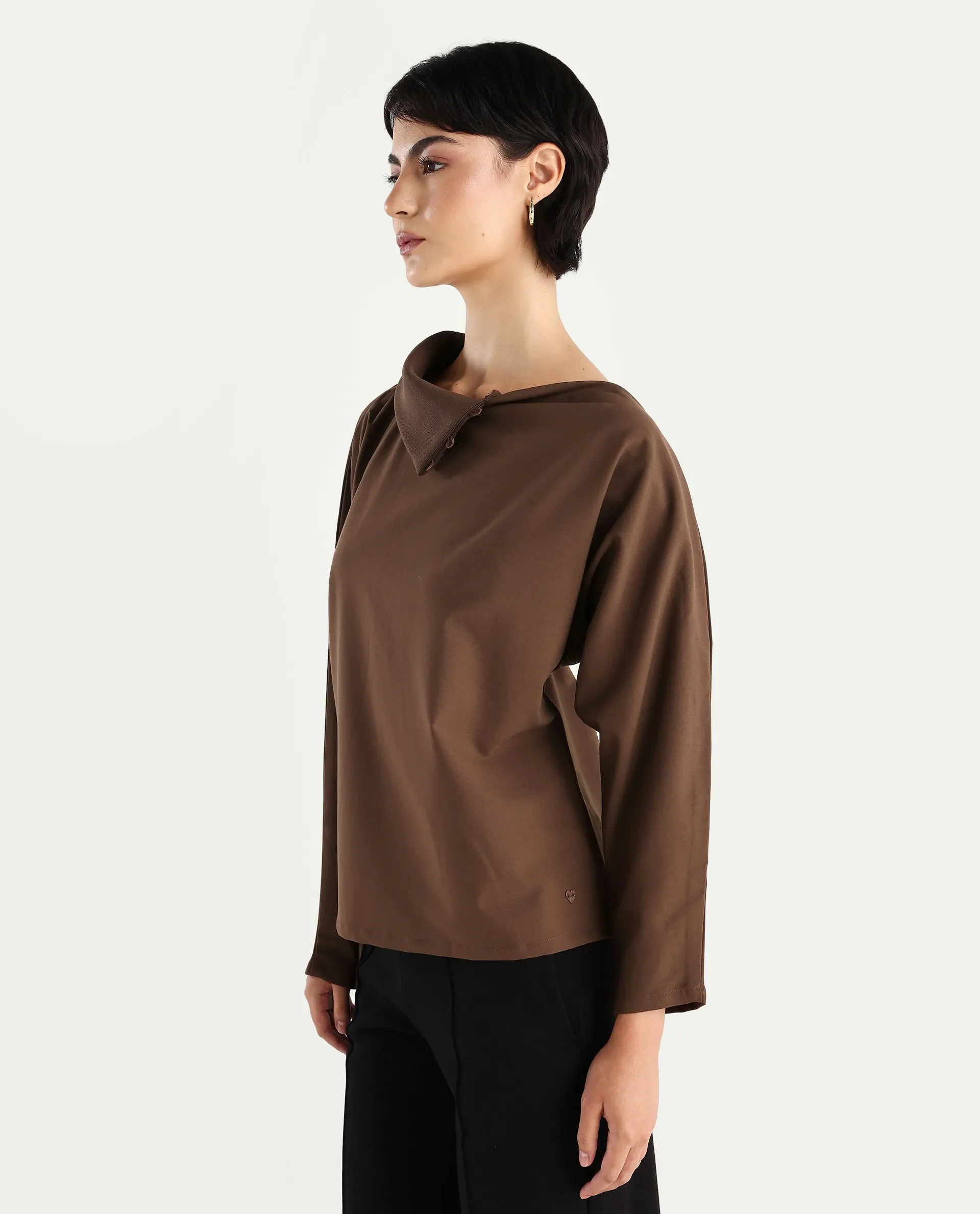Rareism Women's Natta Brown Cotton High Neck Plain Regular Fit Top - Image 5