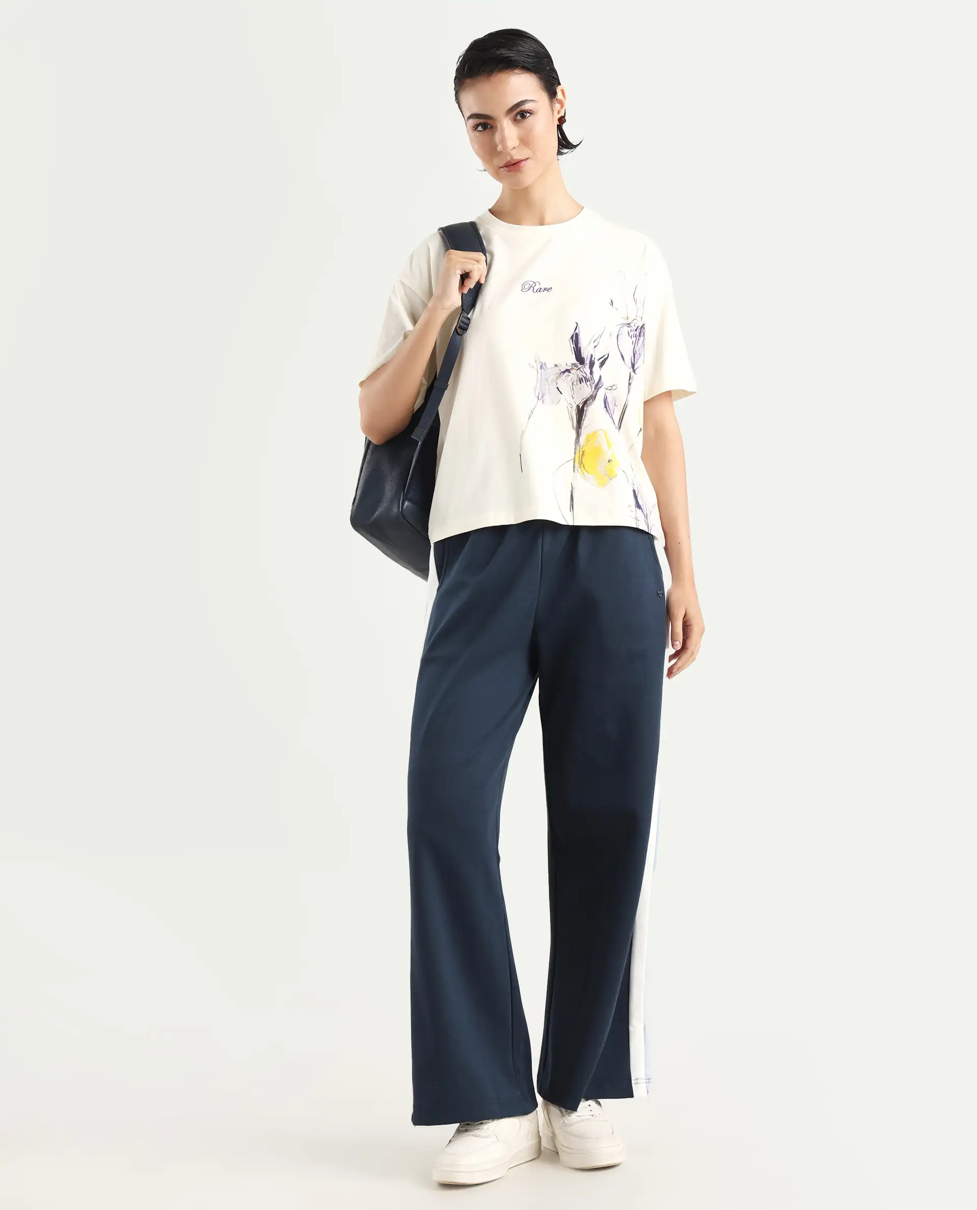 Rareism Women's Naut Navy Cotton Plain Ankle Length Wide Track Pant