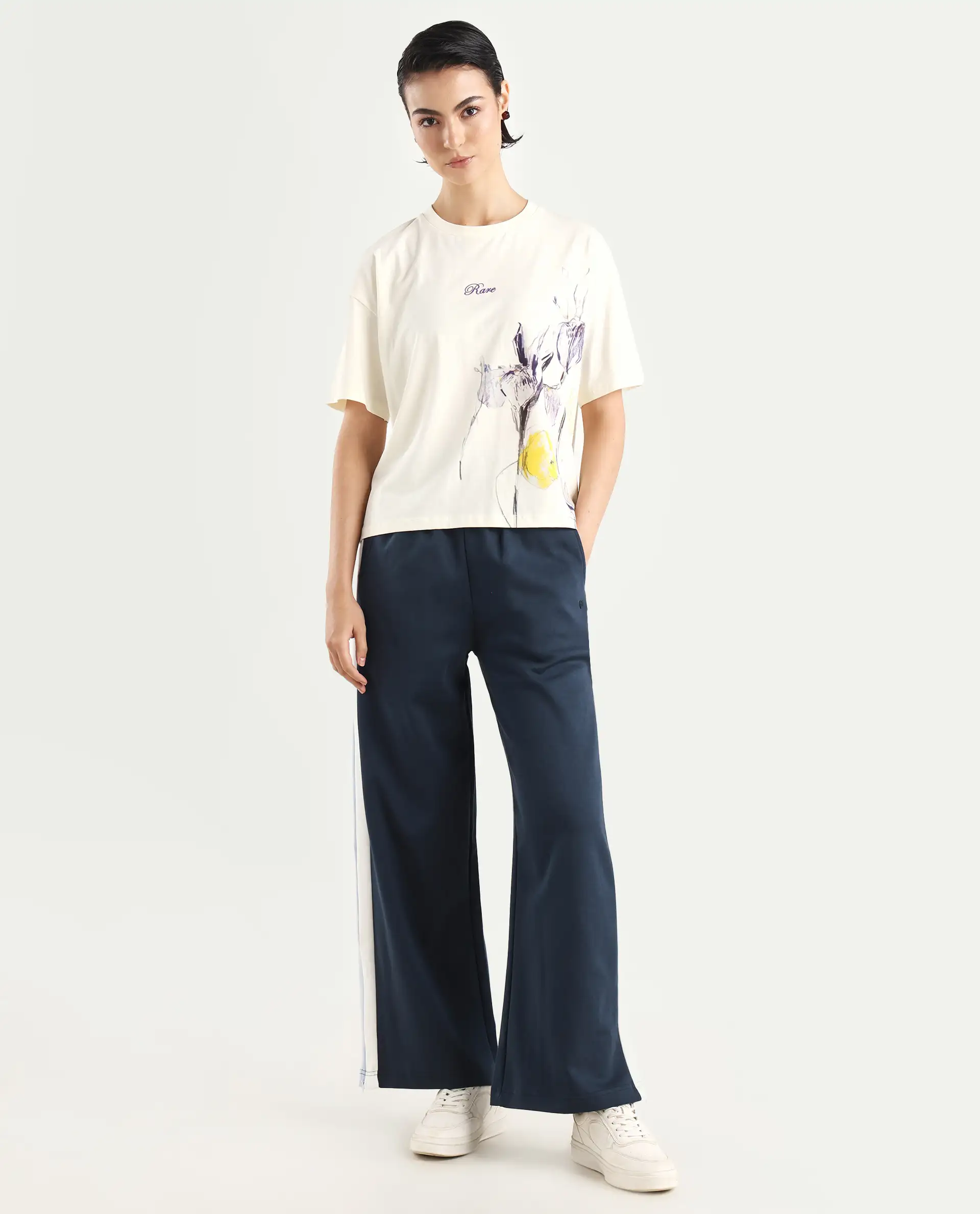 Rareism Women's Naut Navy Cotton Plain Ankle Length Wide Track Pant - Image 3