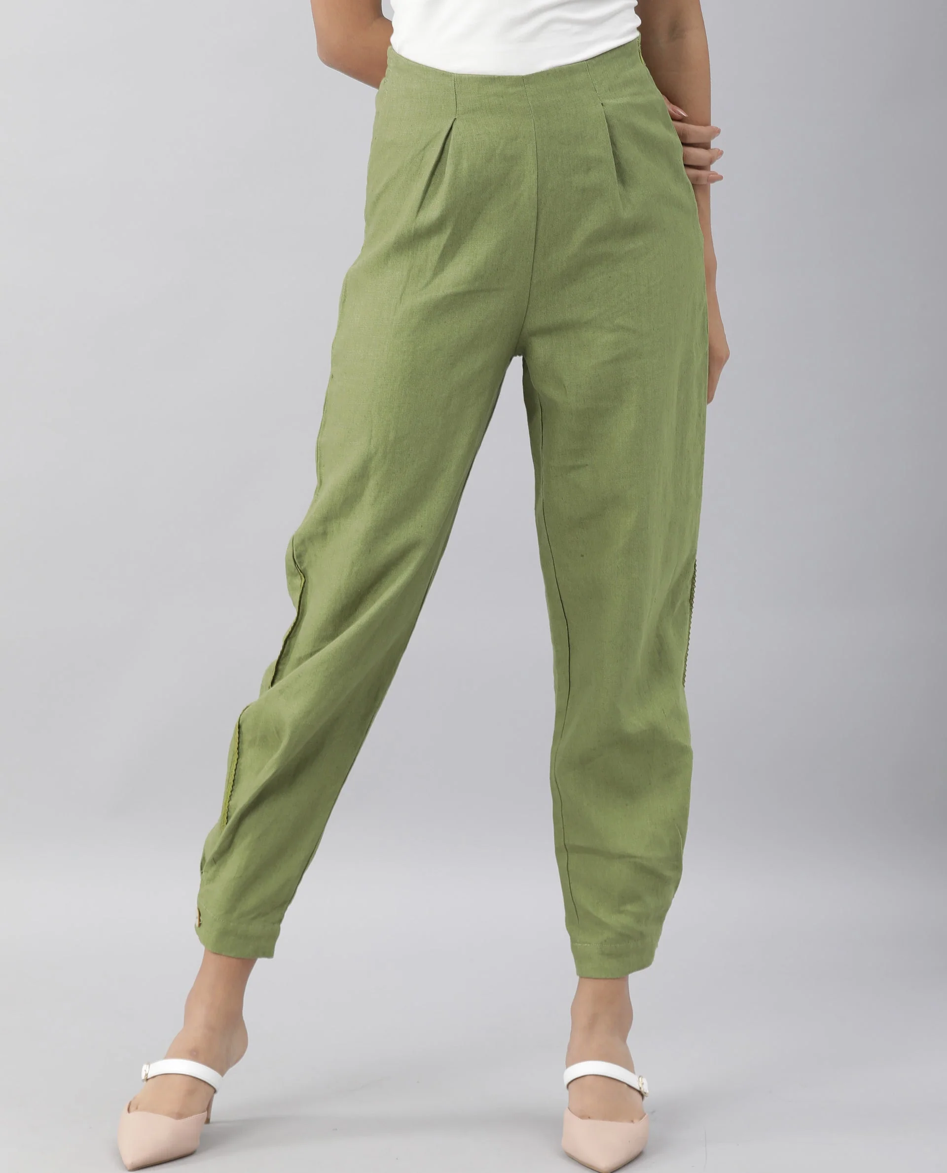 Rareism Women Navi Green Trousers Cotton Linen Fabric Zip Clouser Solid