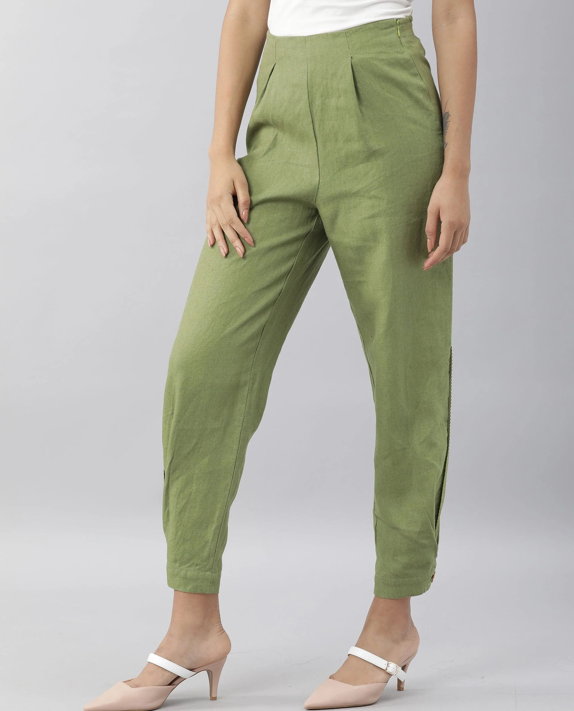 Rareism Women Navi Green Trousers Cotton Linen Fabric Zip Clouser Solid - Image 10