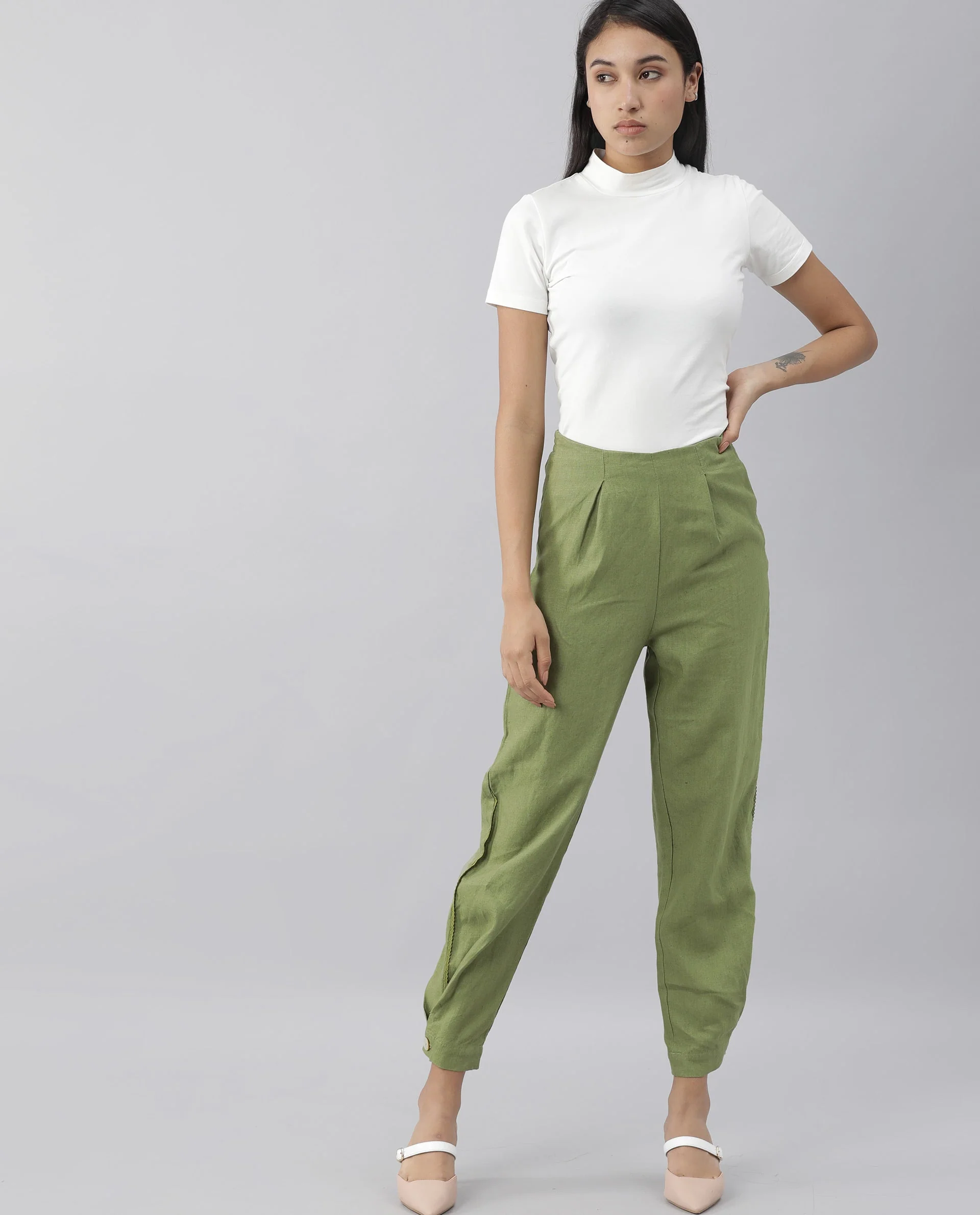 Rareism Women Navi Green Trousers Cotton Linen Fabric Zip Clouser Solid - Image 2