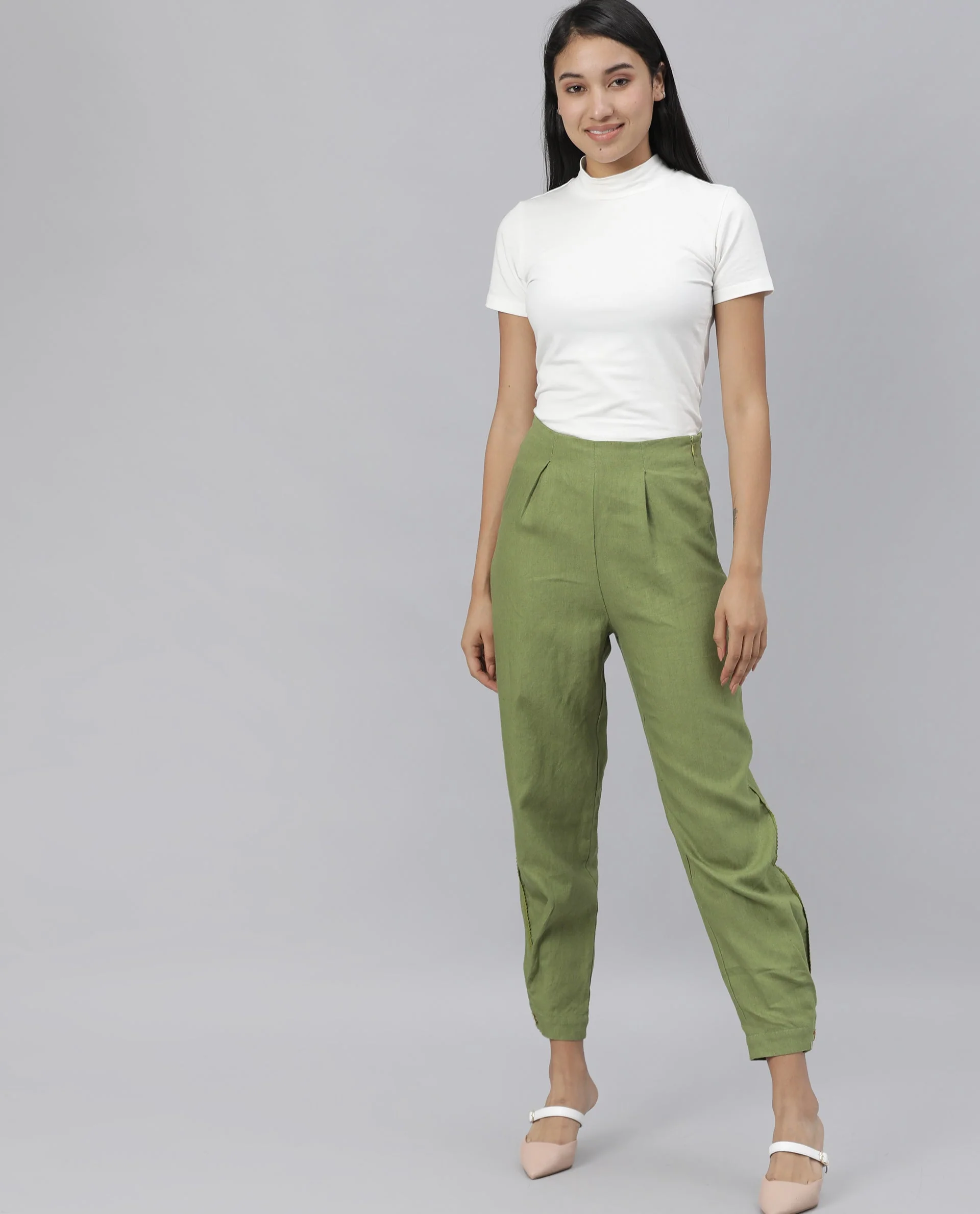 Rareism Women Navi Green Trousers Cotton Linen Fabric Zip Clouser Solid - Image 3