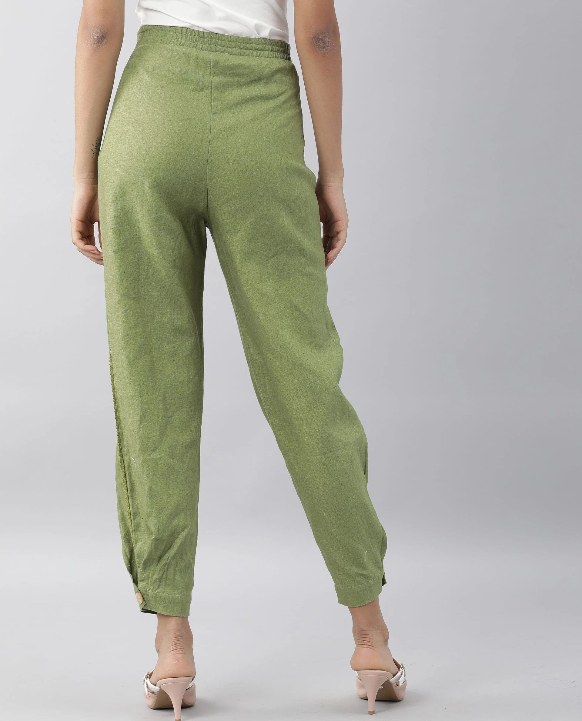 Rareism Women Navi Green Trousers Cotton Linen Fabric Zip Clouser Solid - Image 5