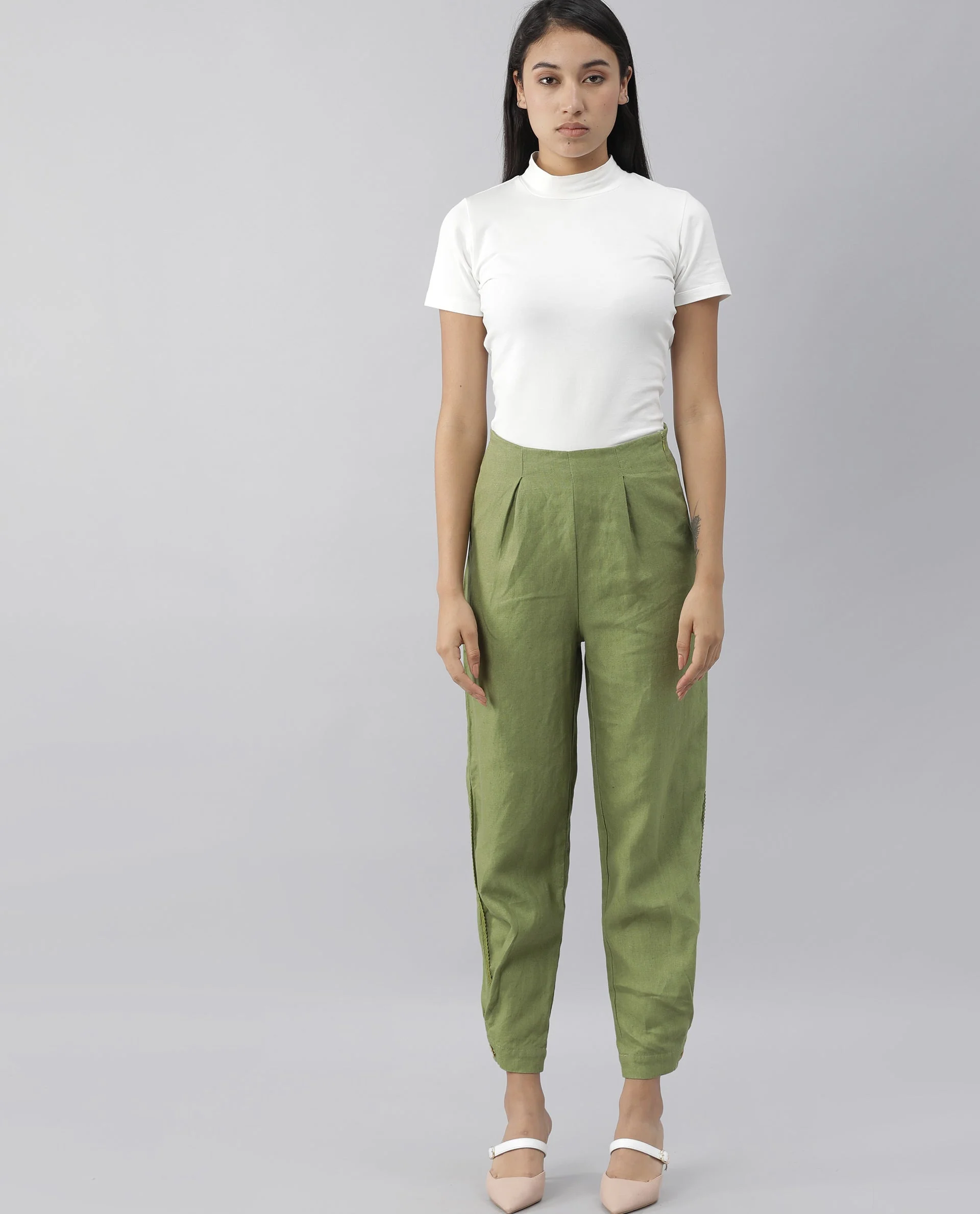 Rareism Women Navi Green Trousers Cotton Linen Fabric Zip Clouser Solid - Image 7