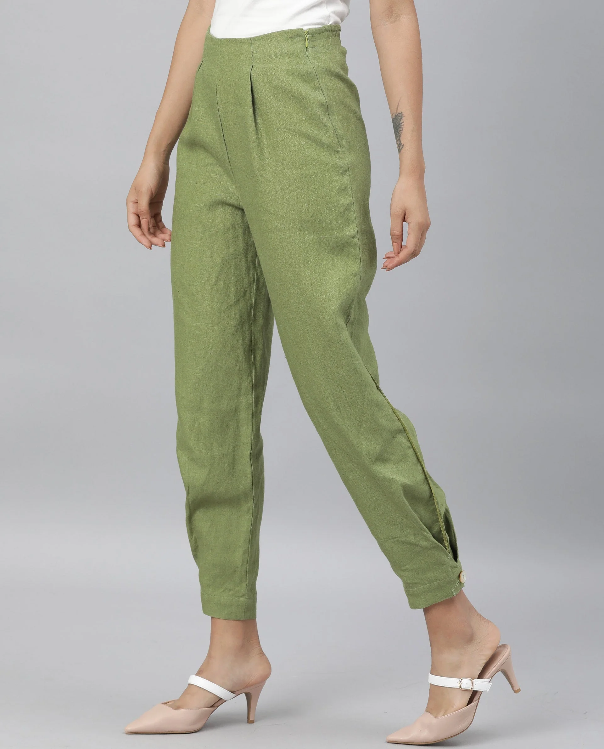 Rareism Women Navi Green Trousers Cotton Linen Fabric Zip Clouser Solid - Image 8