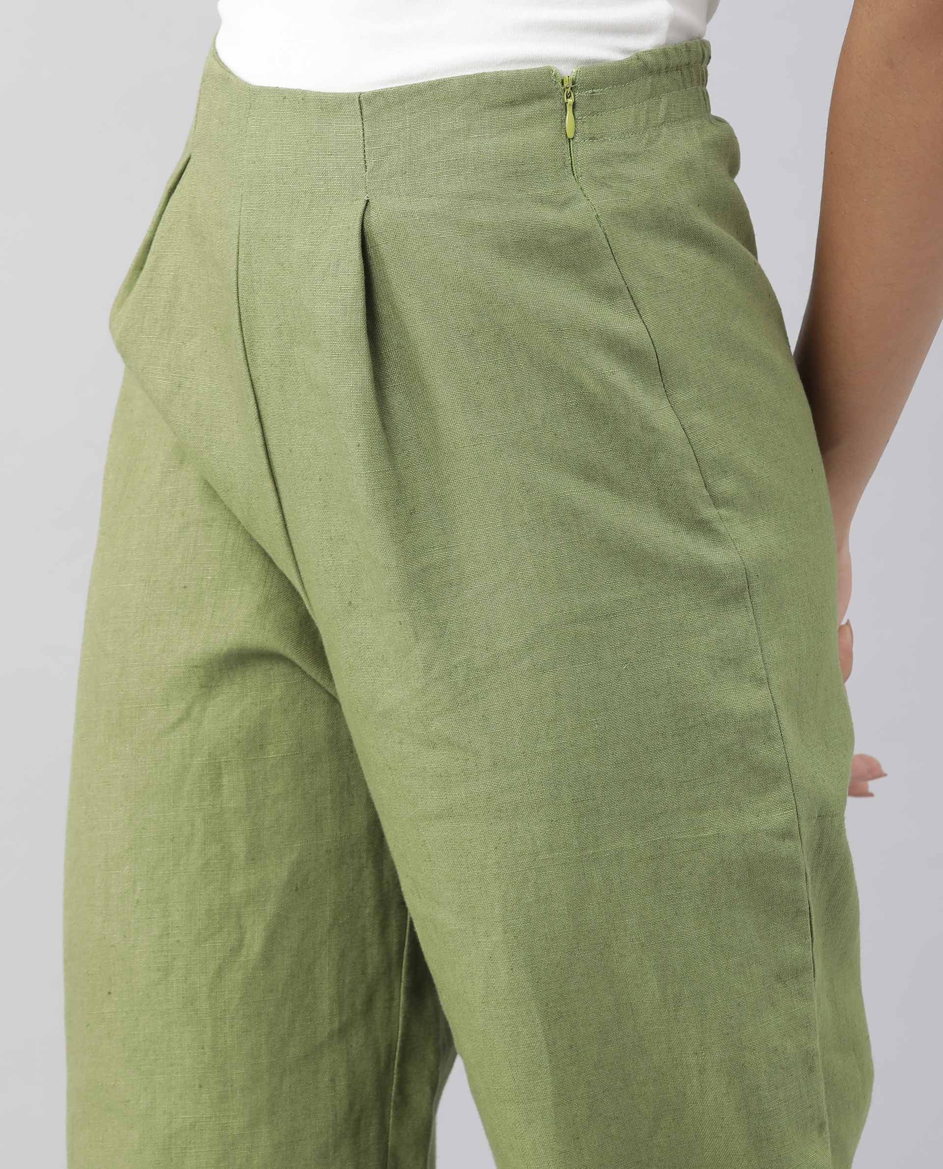 Rareism Women Navi Green Trousers Cotton Linen Fabric Zip Clouser Solid - Image 9