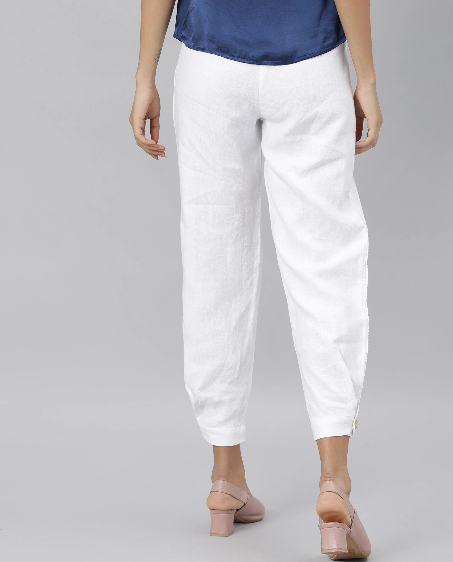 Rareism Women's Navi White Linen Plain Knee Length Regular Fit Trouser - Image 3