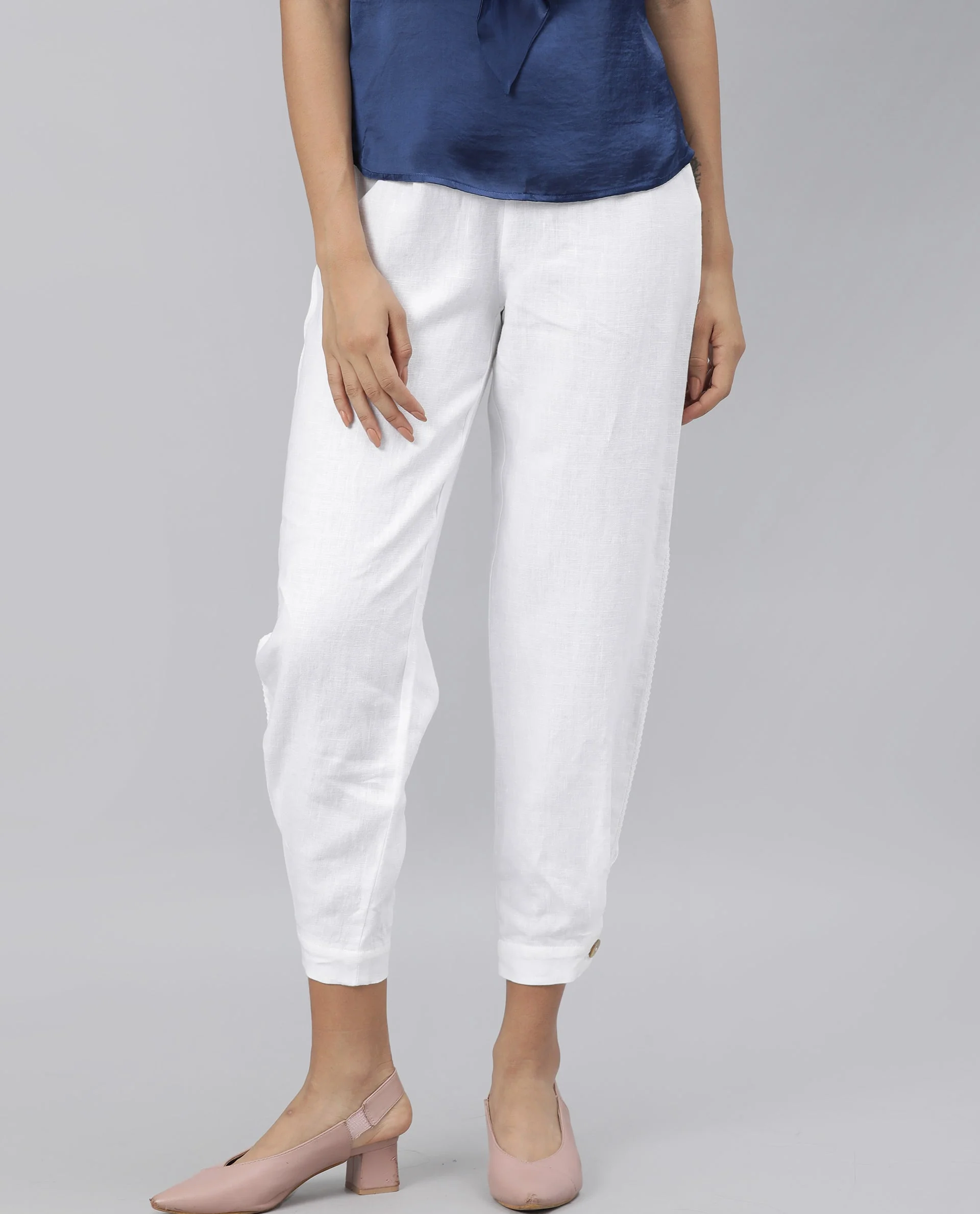 Rareism Women's Navi White Linen Plain Knee Length Regular Fit Trouser - Image 4