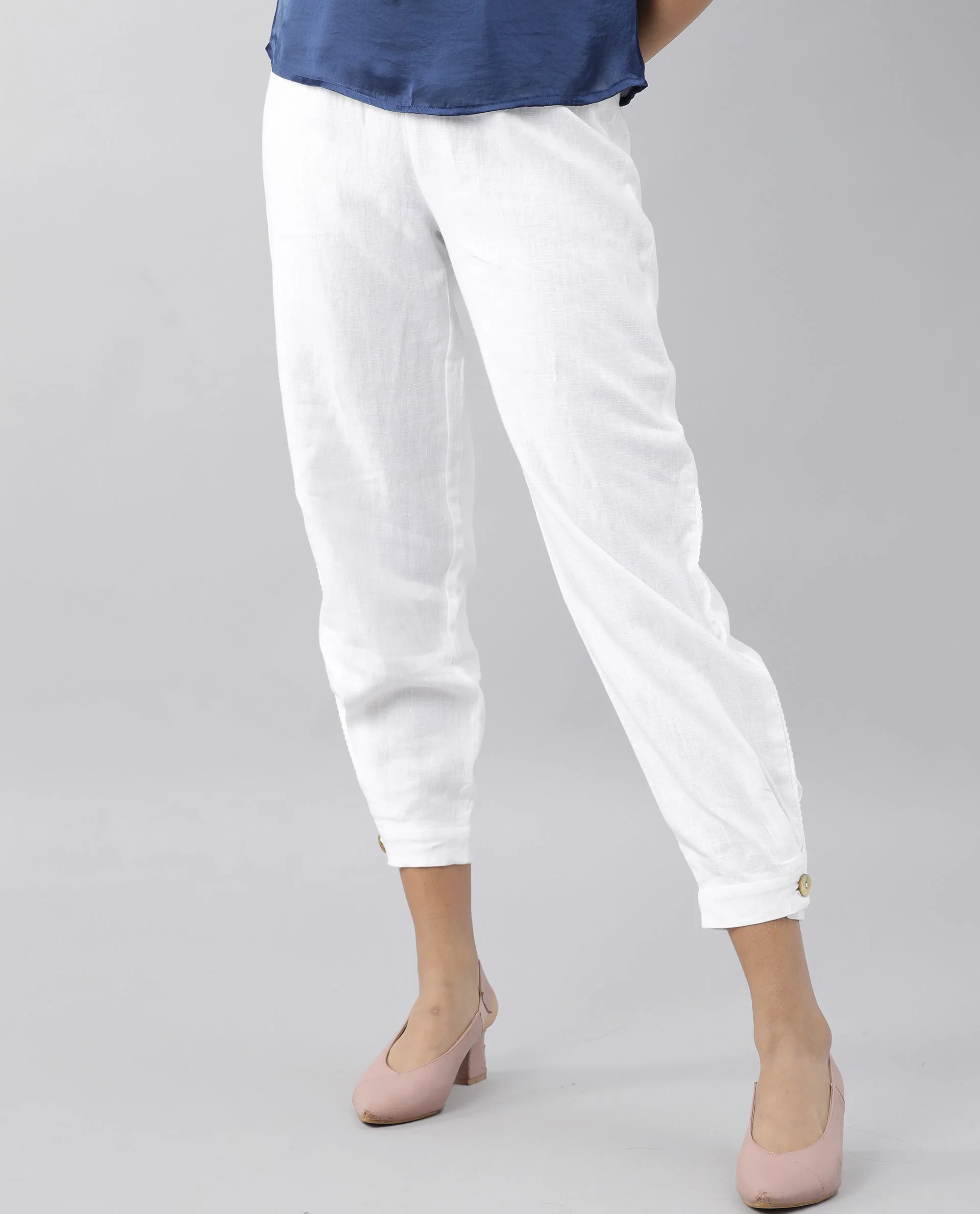 Rareism Women's Navi White Linen Plain Knee Length Regular Fit Trouser - Image 7