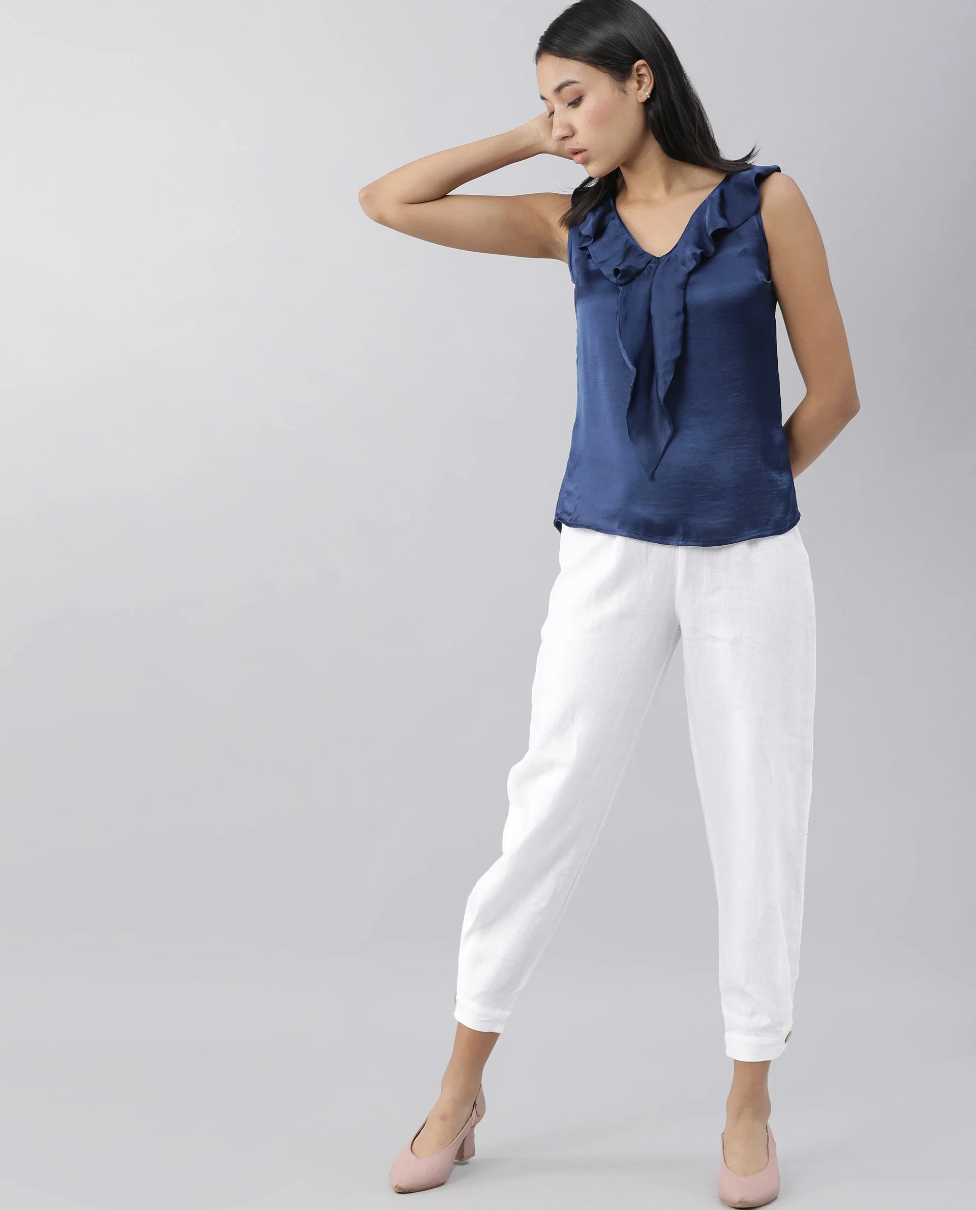 Rareism Women's Navi White Linen Plain Knee Length Regular Fit Trouser - Image 8